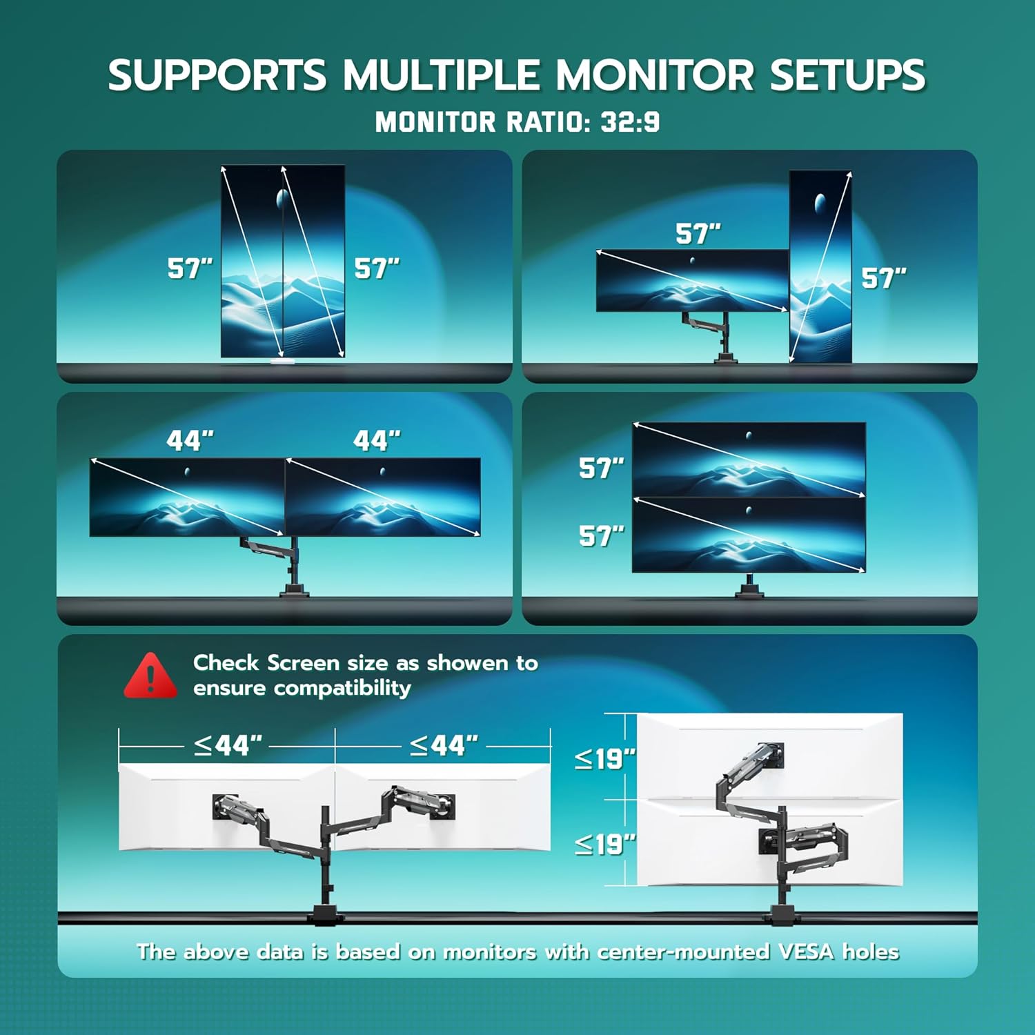 ARES WING Vertical Dual Monitor Mount - 24-57" Aluminum Heavy Duty Monitor Arms for 2 Monitors, Fully Adjustable Gas Spring Stacked Monitor Stand with 75/100/200 Vesa Mount, Black