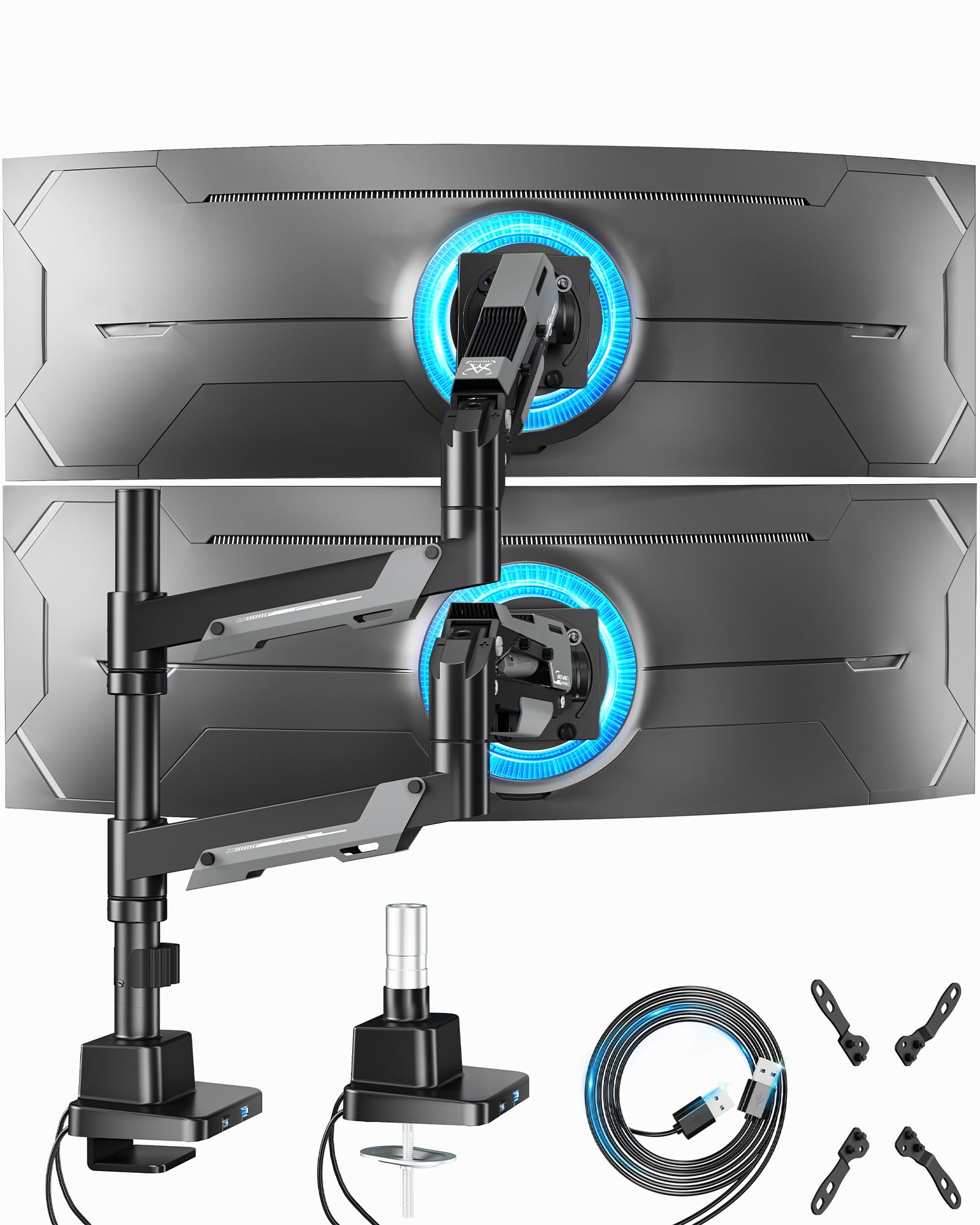 ARES WING Dual Monitor Mount, Adjustable Stacked Monitor Stand with USB A/C, Heavy Duty Gas Spring Monitor Desk Stand for 2 Monitors for 24-57 Inch Ultrawide Screen, 75/100/200 Vesa Mount, White