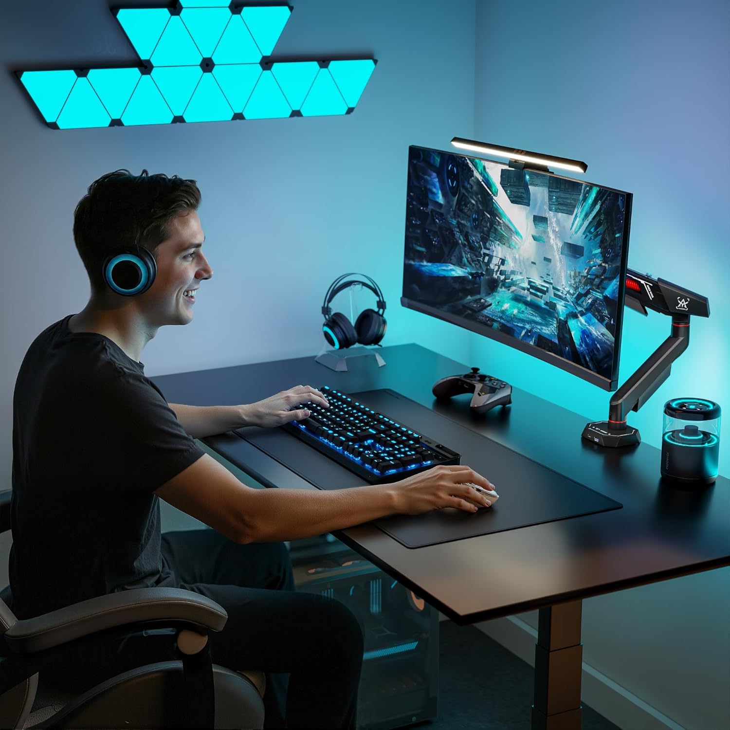 ARES WING Heavy Duty Single Monitor Arm, Fully Adjustable Single Monitor Mount for 17-40 Inch Flat Curved Ultrawide Screens Up to 26.5lbs with USB A/C, C-Clamp & Grommet Base, 75/100 Vesa Mount, Black