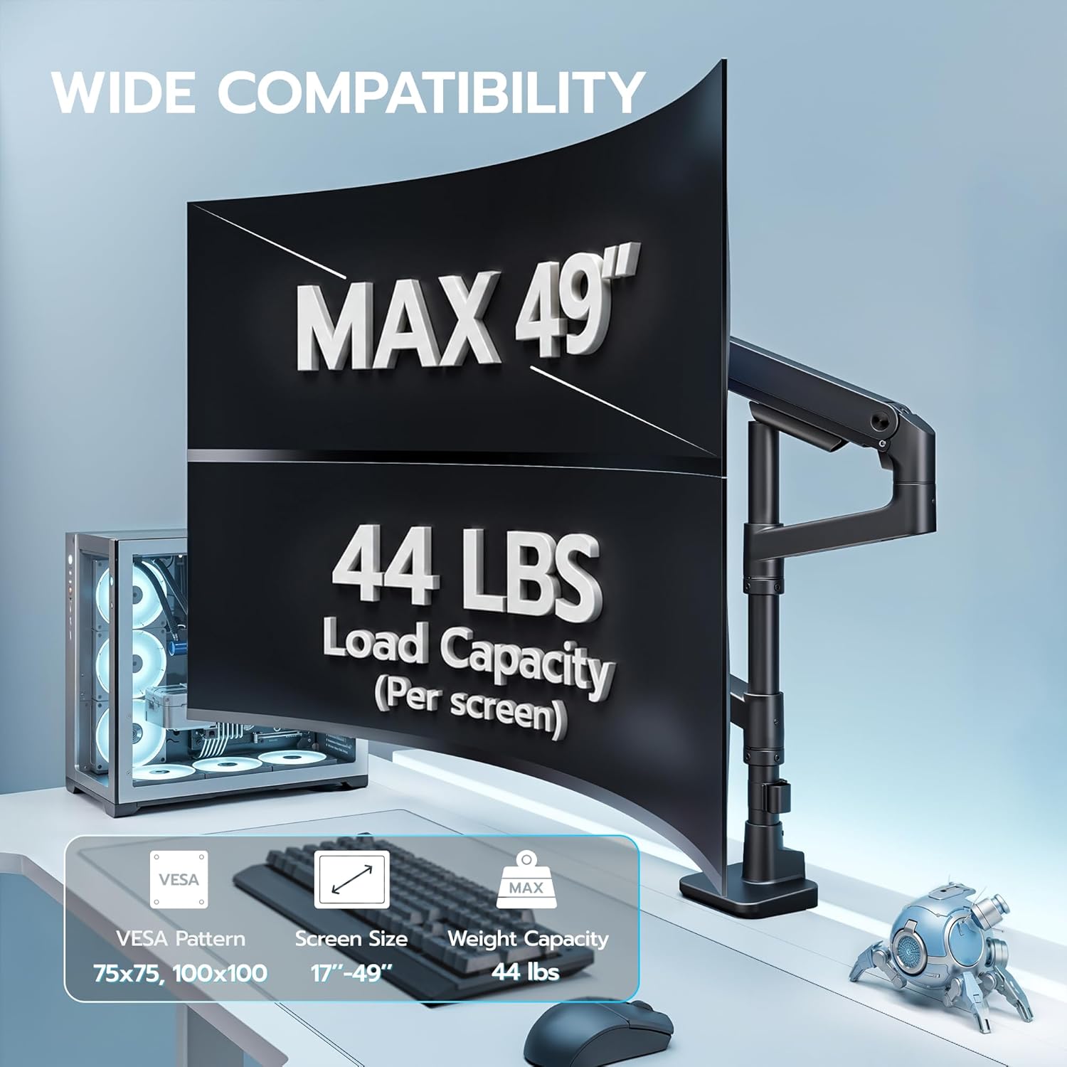 ARES WING Extra Tall Dual Monitor Arm Desk Mount for 17-49 inch Ultrawide Monitors, Heavy Duty Dual Monitor Stand Holds 44 lbs, Full Motion Vertical Stacked Monitor Mount, 75/100 VESA Mount, Black