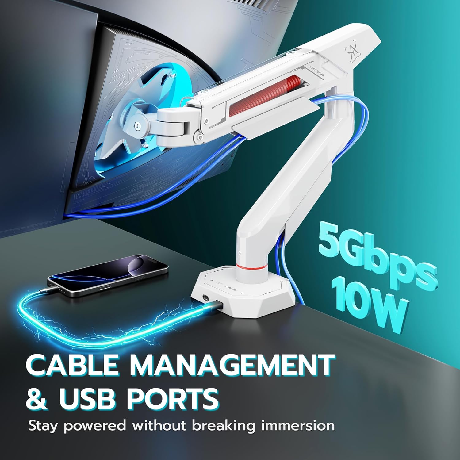 ARES WING Heavy Duty Single Monitor Arm, Fully Adjustable Single Monitor Mount for 17-40 Inch Flat Curved Ultrawide Screens Up to 26.5lbs with USB A/C, C-Clamp & Grommet Base, 75/100 Vesa Mount, White