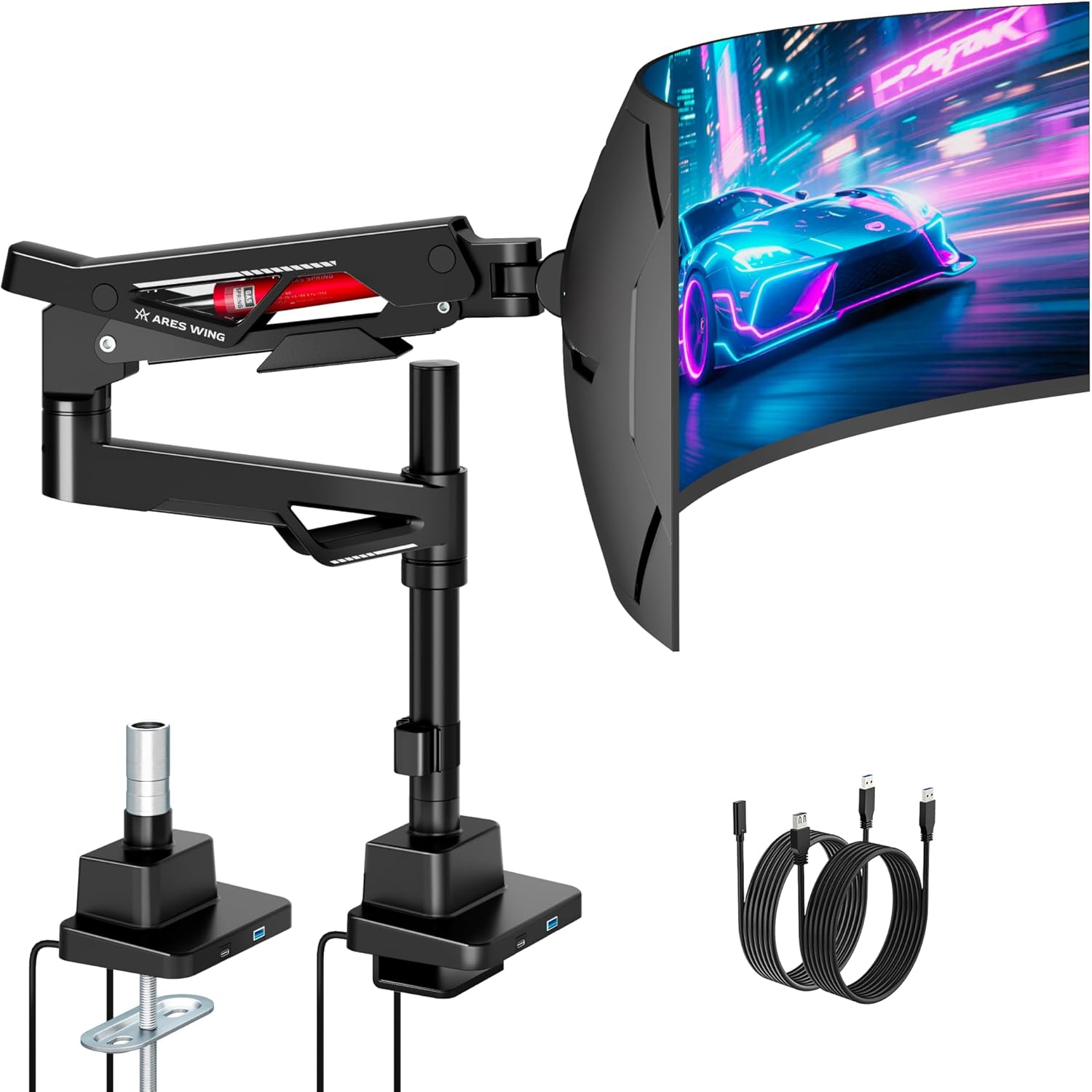 ARES WING Heavy Duty Monitor Arm, Ultrawide Monitor Stand up to 57“ and 66 Lbs, Gas Sprinq Monitor Mount with USB, Height Adjustable Arms Monitor Stand, Various VESA Mount with Clamp/Grommet Base