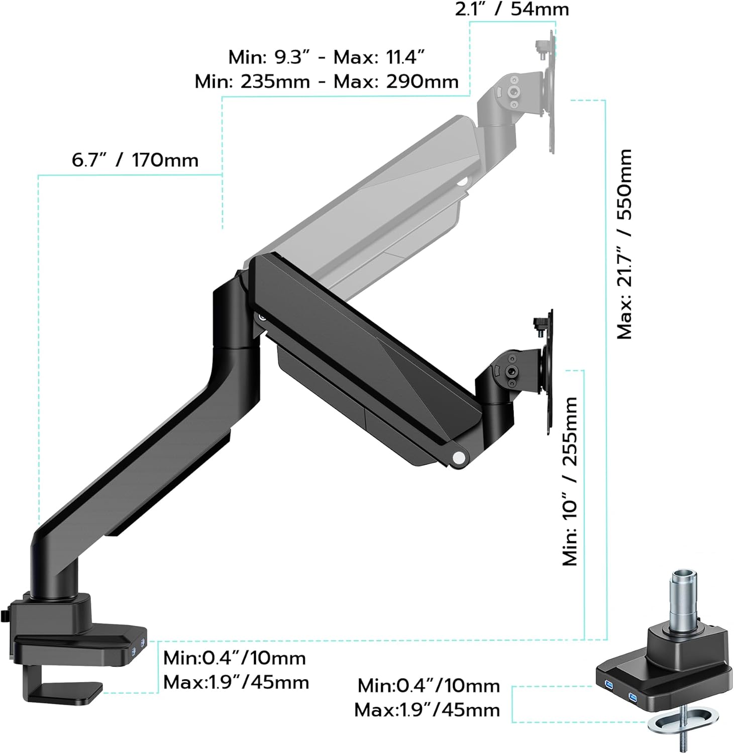 ARES WING Single Monitor Arm, Heavy Duty Adjustable Monitor Arm for 13"-49" Screens with USB, Gas Spring Desk Mount Stand with C Clamp/Grommet Mounting Base up to 40lbs Computer, Black