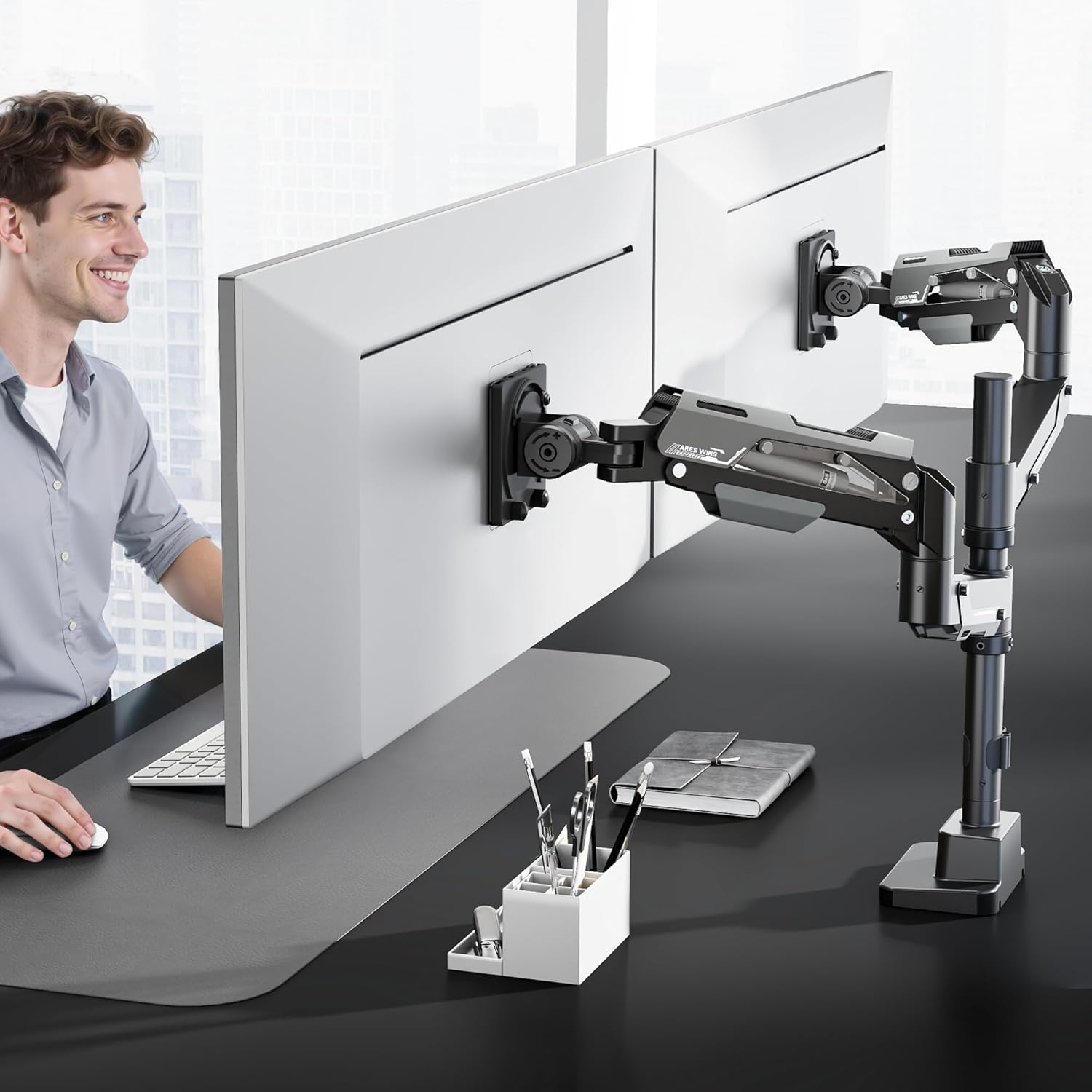 ARES WING Vertical Dual Monitor Mount - 24-57" Aluminum Heavy Duty Monitor Arms for 2 Monitors, Fully Adjustable Gas Spring Stacked Monitor Stand with 75/100/200 Vesa Mount, Black