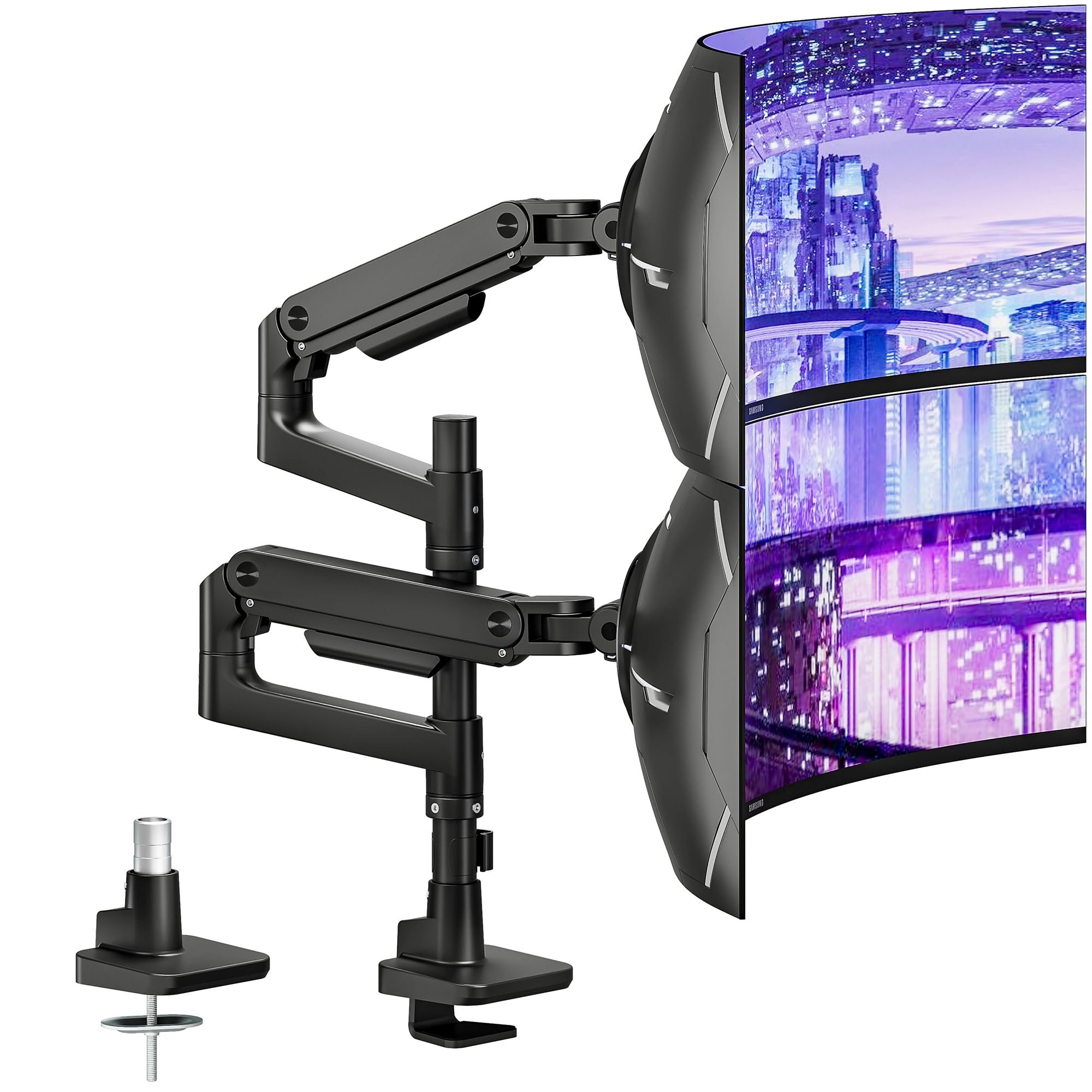 ARES WING Heavy-Duty Monitor Mount for 17-49 inches Ultrawide Curved Flat Monitors, Holds 44lbs, with 18" Extended Column for Desk, Adjustable Gas Spring, Black