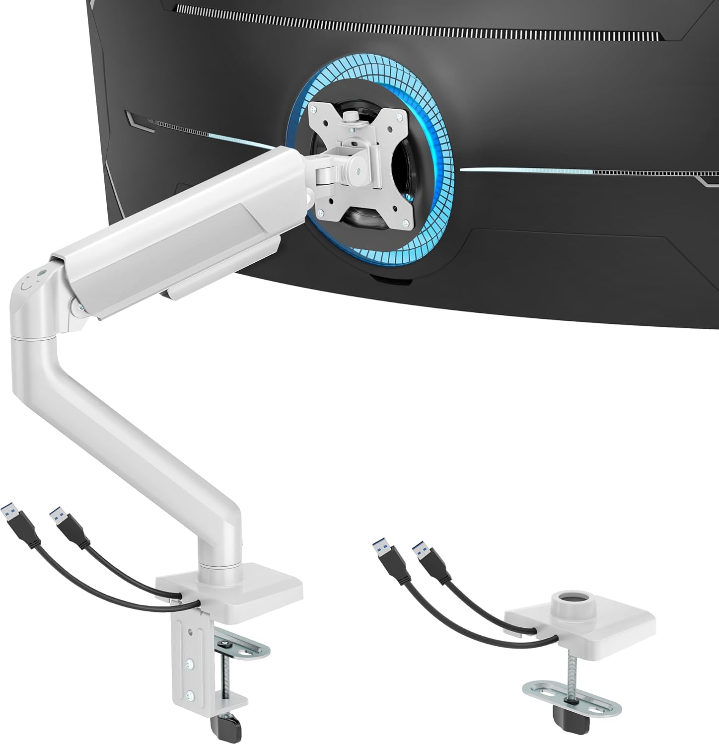 ARES WING Heavy Duty Single Monitor Arm - Fully Adjustable Monitor Mount for 17"-40" Ultrawide Screens up to 26.4 lbs with Clamp/Grommet Desk Mount and USB A/C, 75/100 Vesa Mount, White