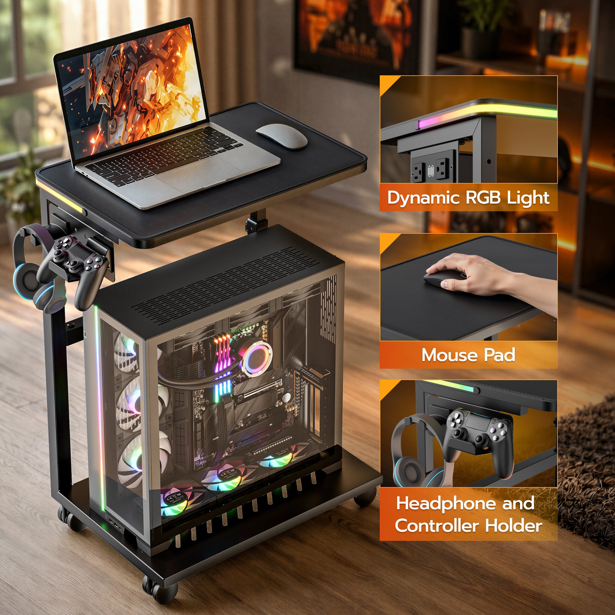 Height Adjustable Computer Tower Stand with RGB Light & USB Charging Port ARES WING
