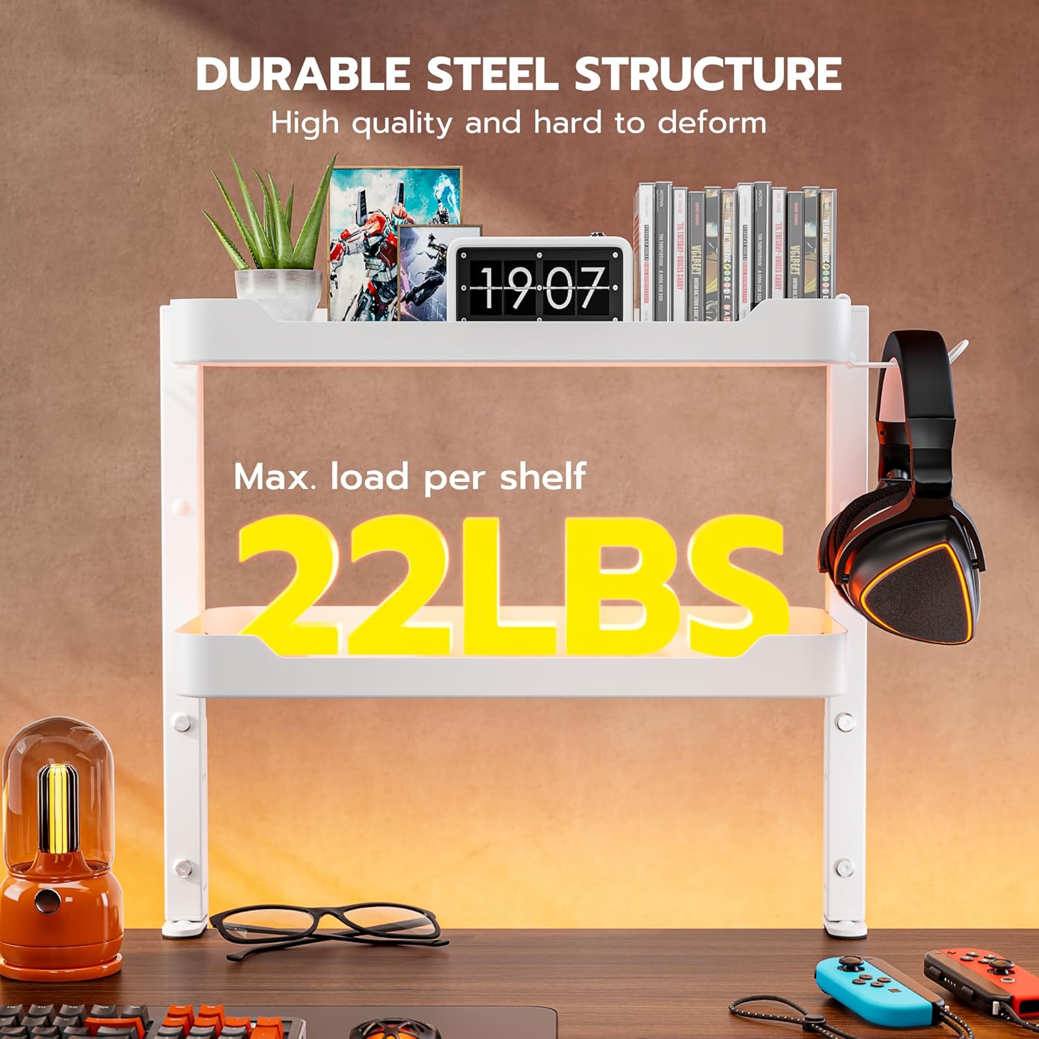 ARES WING 2-Tier Clamp On Desk Shelf, 16 inch Adjustable Above or Under Desk Storage Shelves Holds 44 lbs, Heavy Duty Desktop Organizer with Headphone Holder for Working and Gaming Accessories, White