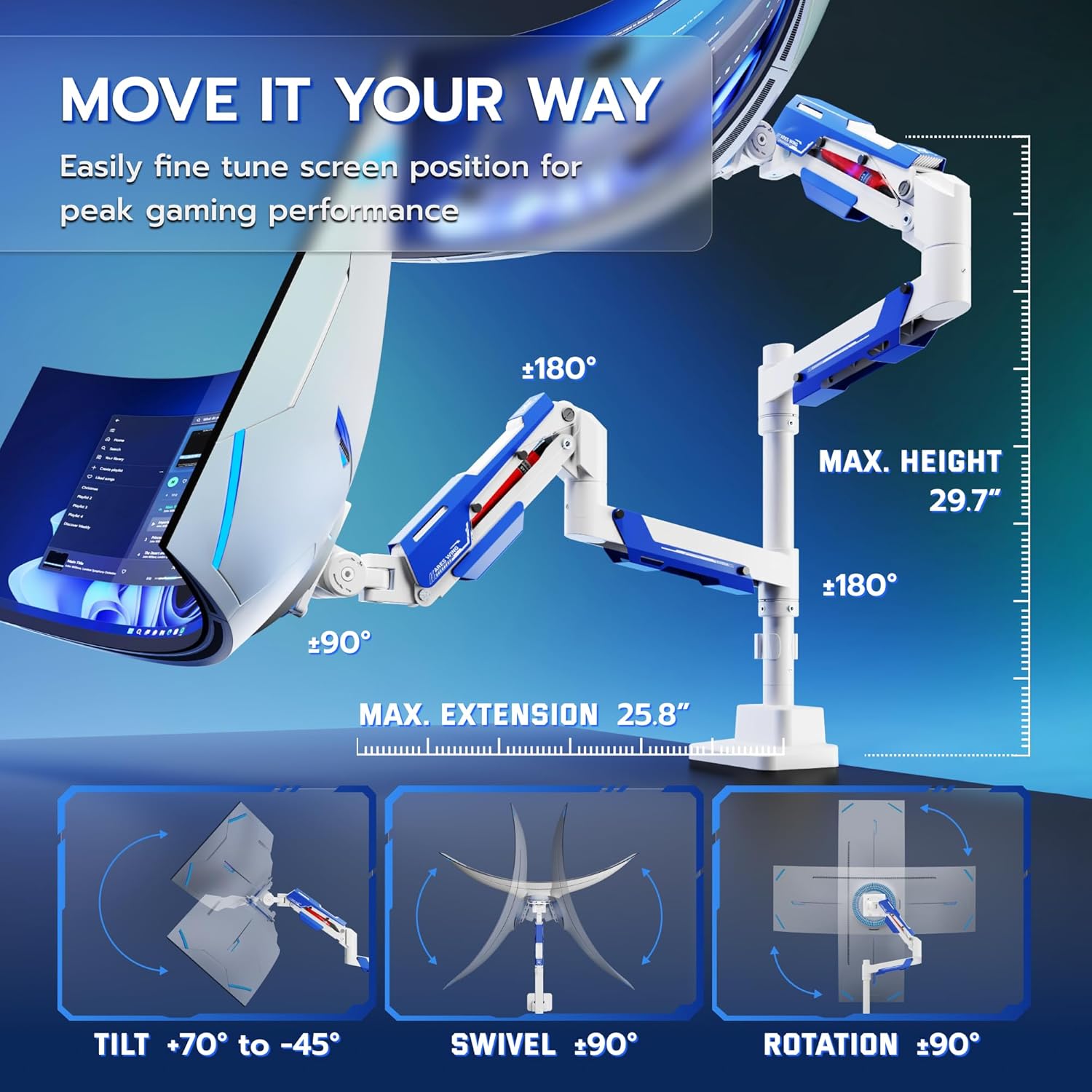 ARES WING Vertical Dual Monitor Mount - 24-57" Aluminum Heavy Duty Monitor Arms for 2 Monitors, Fully Adjustable Gas Spring Stacked Monitor Stand with 75/100/200 Vesa Mount, White