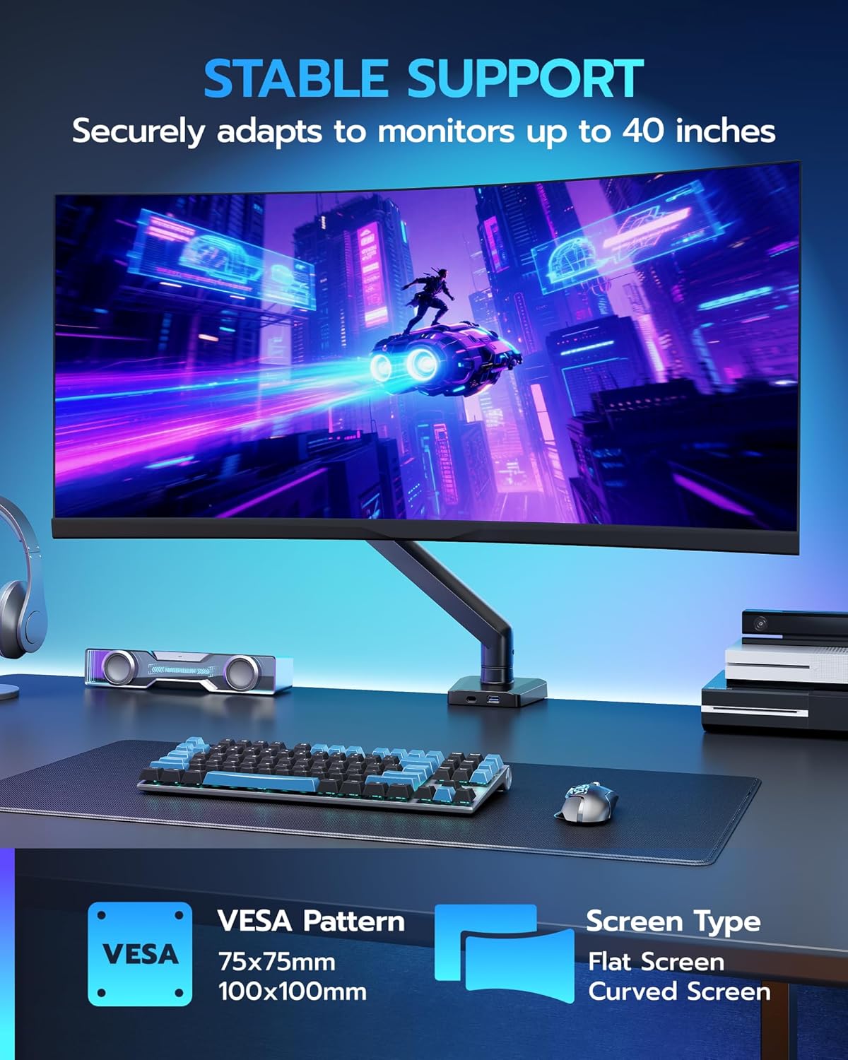 ARES WING Heavy Duty Single Monitor Arm - Fully Adjustable Monitor Mount for 17