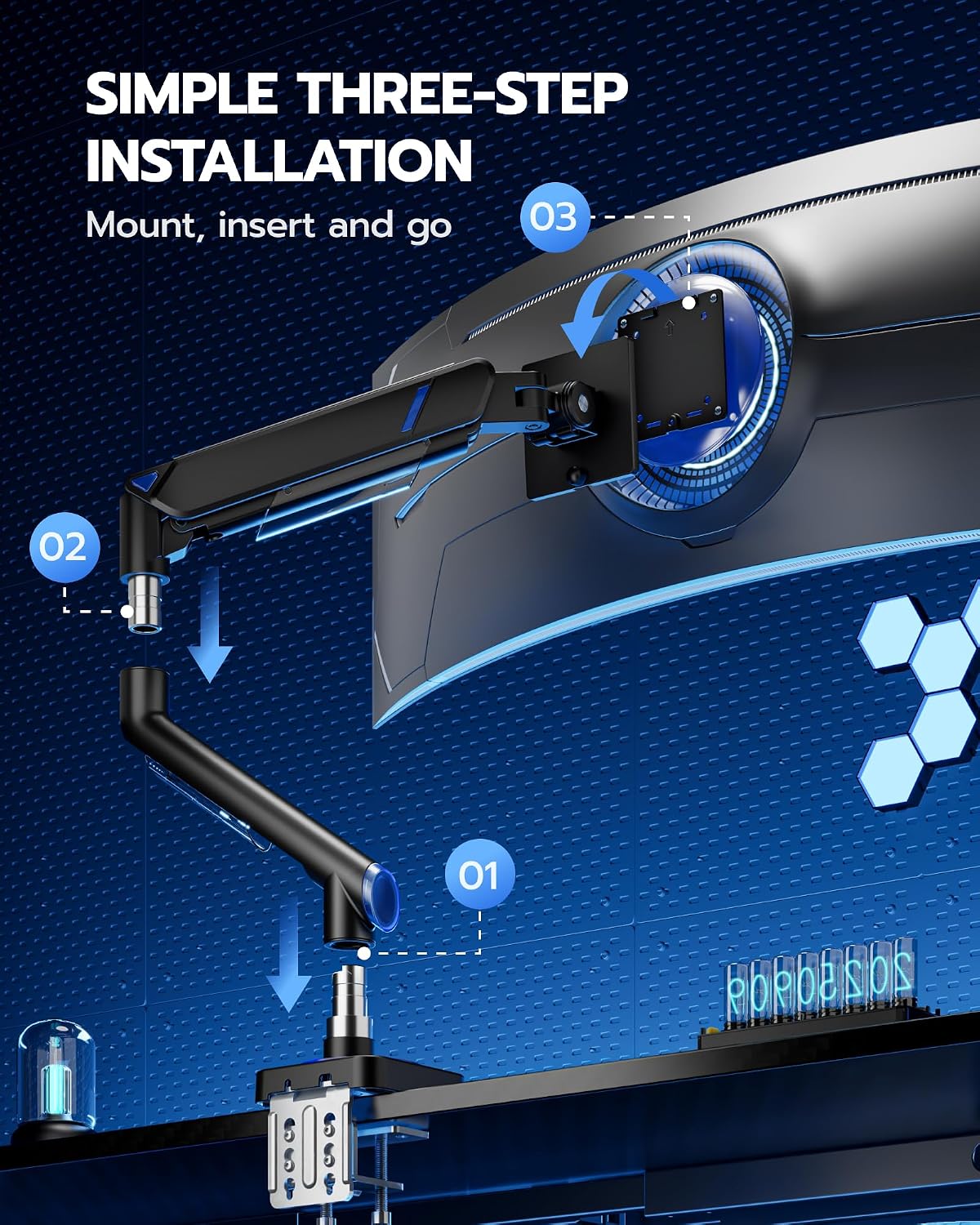 ARES WING Monitor Arm for 17-49 Inch, Ultrawide Single Monitor Mount Holds up to 44lbs, Heavy Duty Mechanical Spring Monitor Stand Adjustable Arms, 75/100 VESA Mount with Clamp/Grommet Base, Black