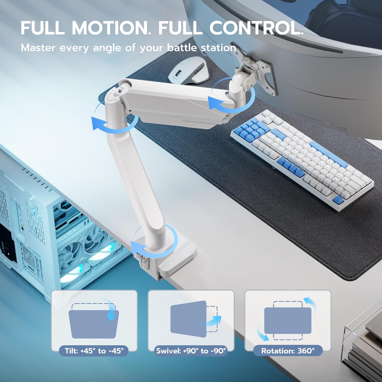 ARES WING Single Monitor Arm, Heavy Duty Adjustable Monitor Arm for 13"-49" Screens with USB, Gas Spring Desk Mount Stand with C Clamp/Grommet Mounting Base up to 40lbs Computer, White