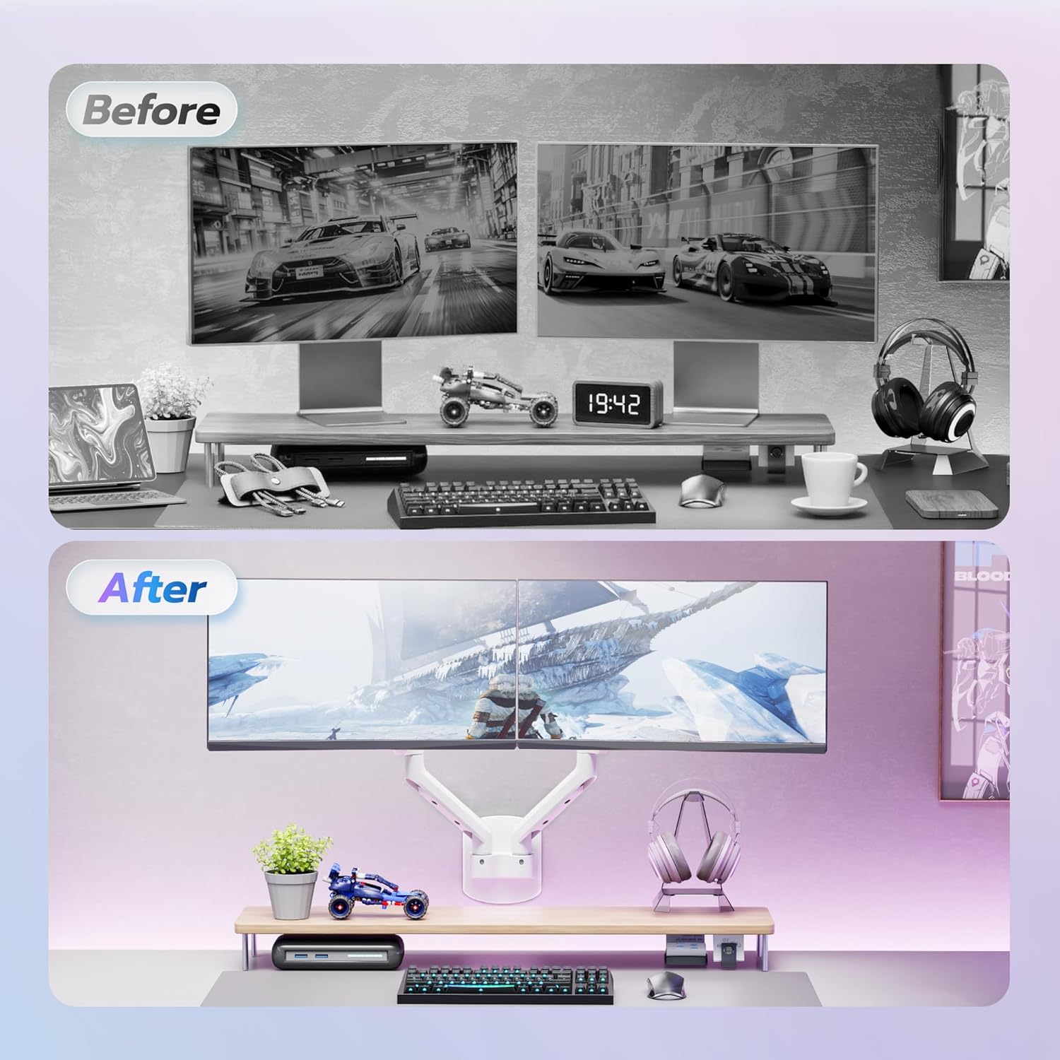 ARES WING Dual Monitor Wall Mount for 17-35 Inch Ultrawide Screens, Heavy Duty Monitor Arm Up to 26.4 lbs, Fully Adjustable Wall Mount, VESA 75x75/100x100 Compatible, White