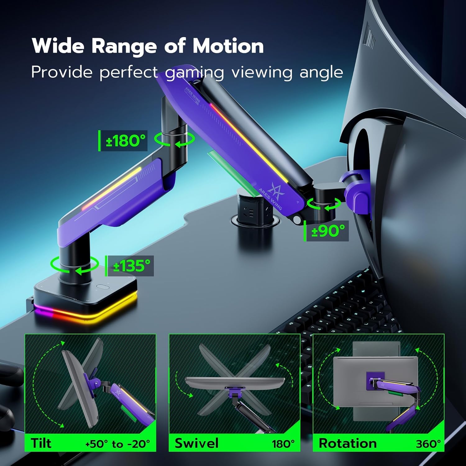 Ares Wing RGB Heavy Duty Monitor Arm for 17 to 49 Inch, up to 44 lbs, Ultrawide Curved Monitor Mount with Gas Spring for Desk, Purple, for Gaming