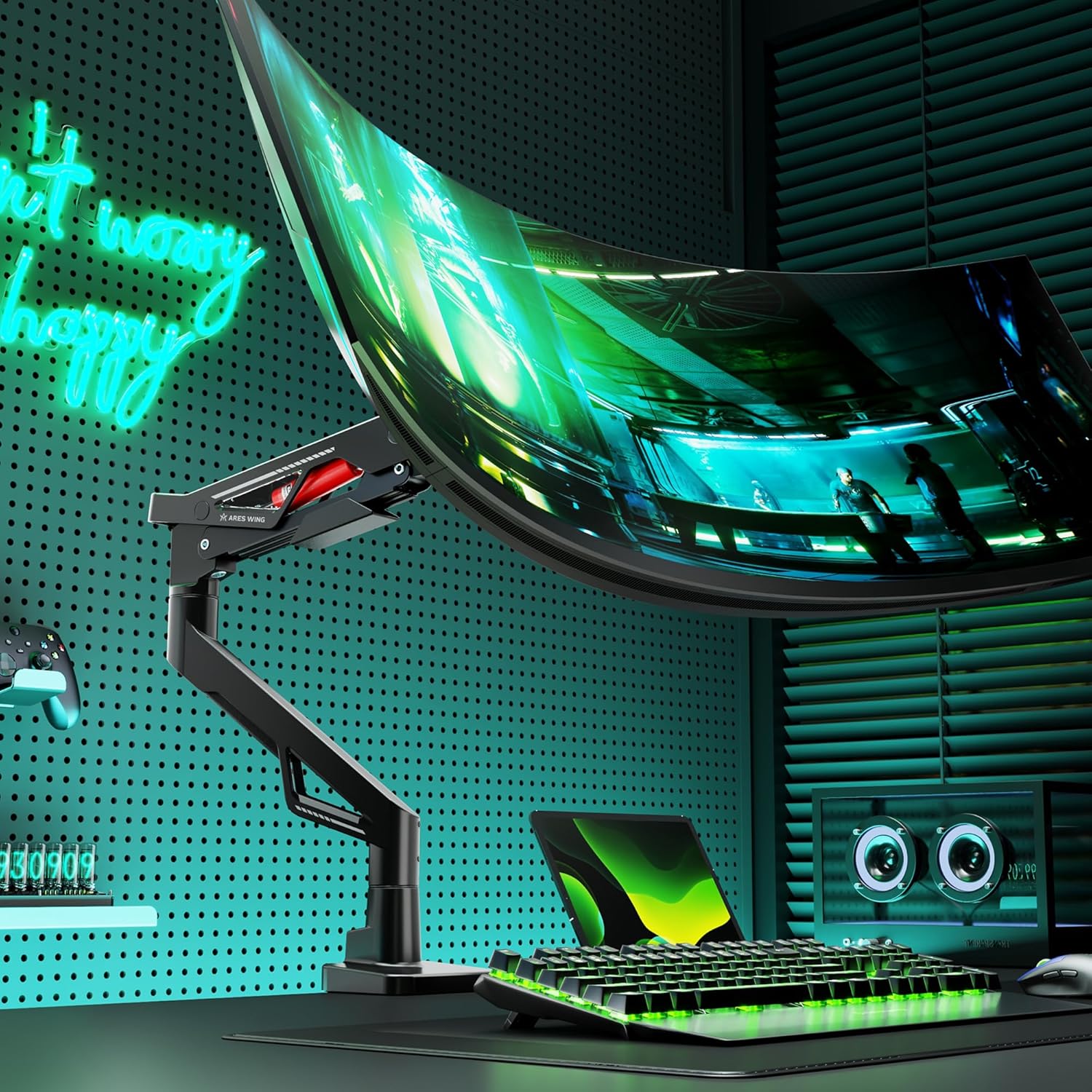 ARES WING Premium Monitor Arm, Ultrawide Monitor Stand up to 57” and 66 Lbs, Gas Sprinq Monitor Mount Height Adjustable and Extension Monitor Stand for Desk Various VESA Mount with Clamp/Grommet Base