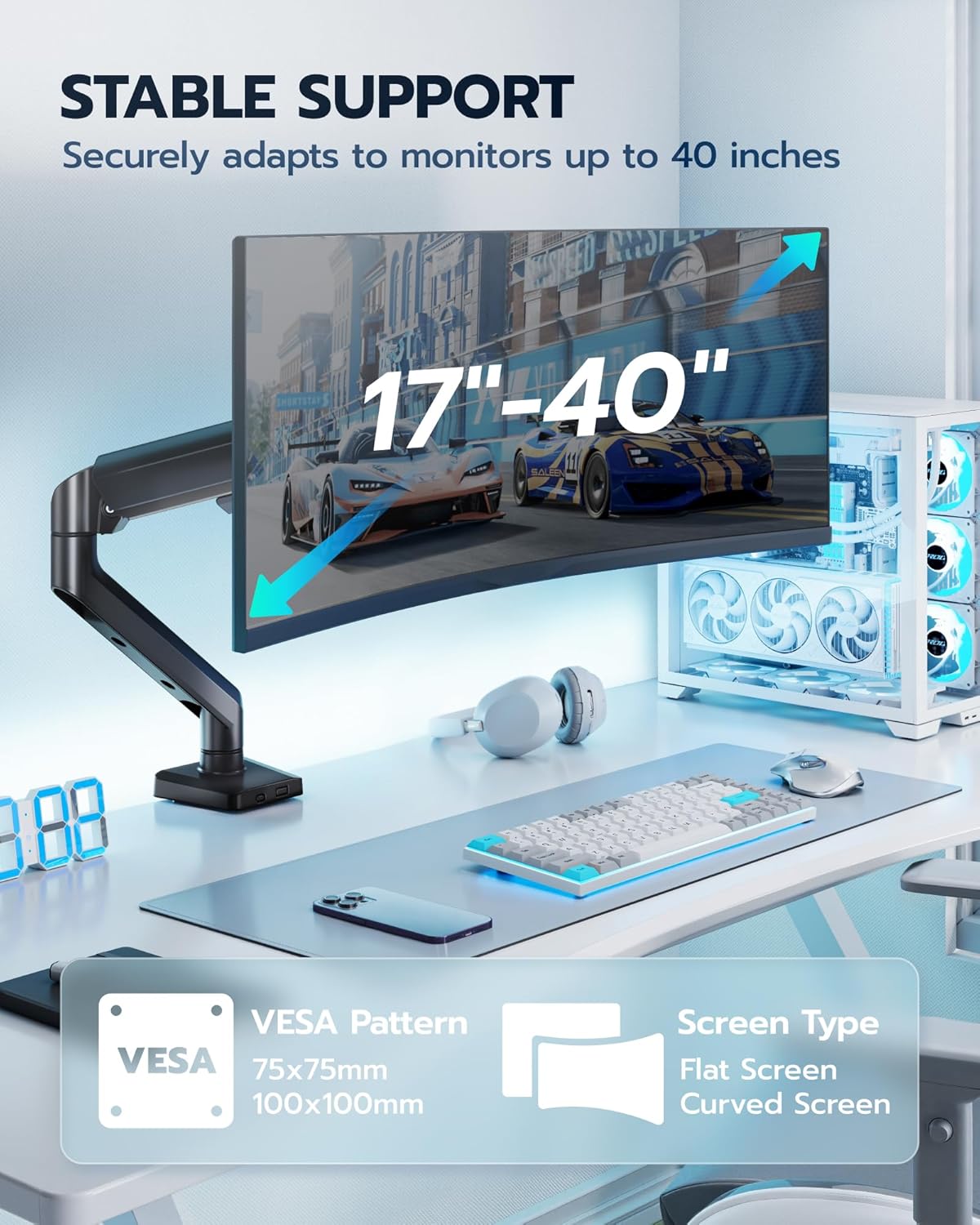 ARES WING Heavy Duty Single Monitor Arm - Fully Adjustable Monitor Mount for 17