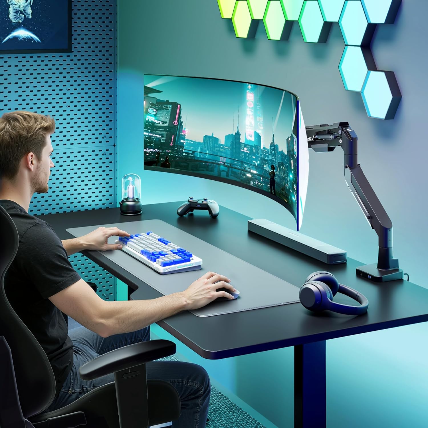 ARES WING Heavy Duty Ultrawide Monitor Arm - Gas Spring Aluminum Monitor Mount with USB for 24"-57" Curved Screens up to 66 lbs with Clamp/Grommet Desk Mount, 75/100/200 Vesa Mount, Black