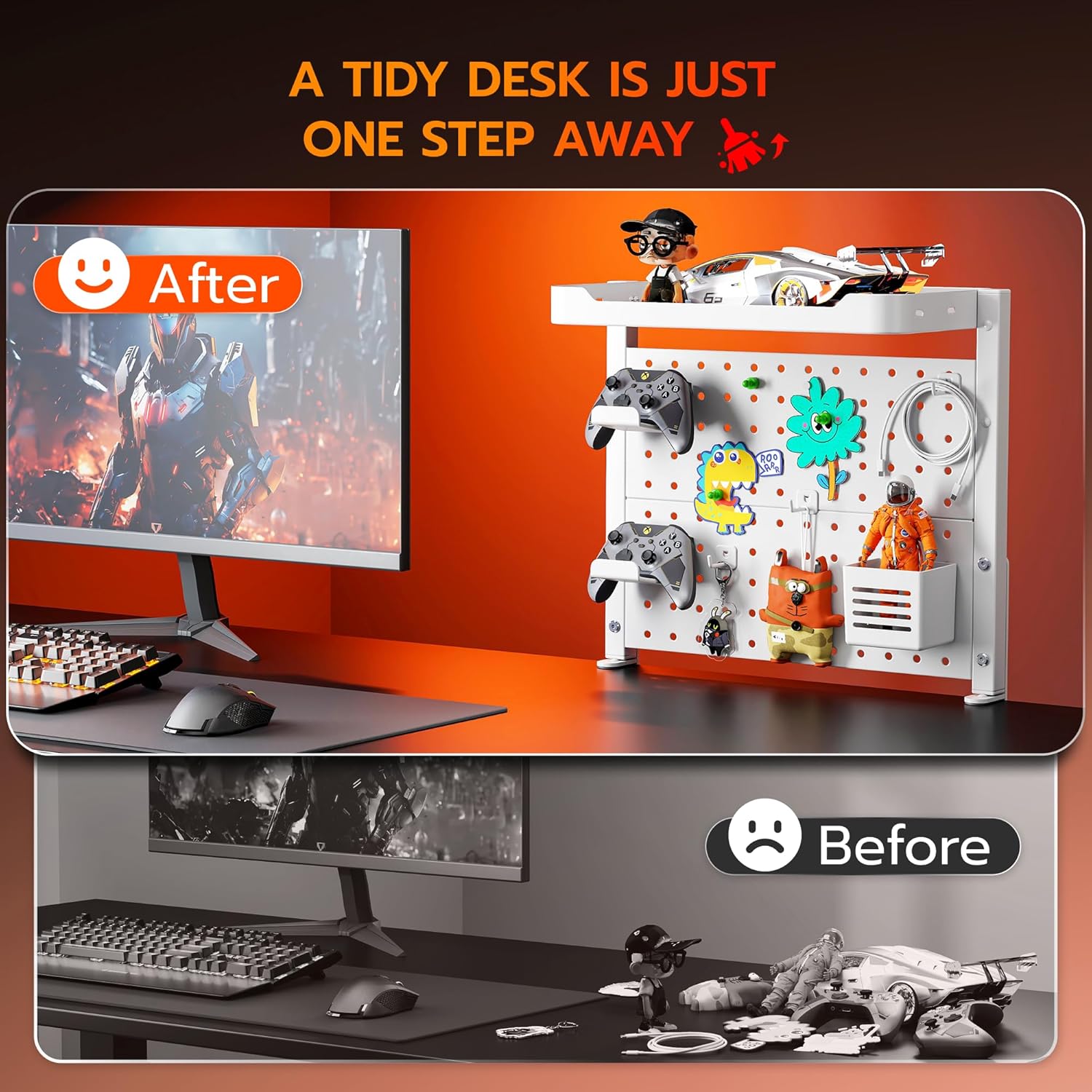 ARES WING Clamp On Desk Pegboard with 16 inches Organizer Shelf, Adjustable Above or Under Desk Storage Shelf Holds 44 lbs, Magnetic Metal Peg Board for Office and Gaming Accessories, White