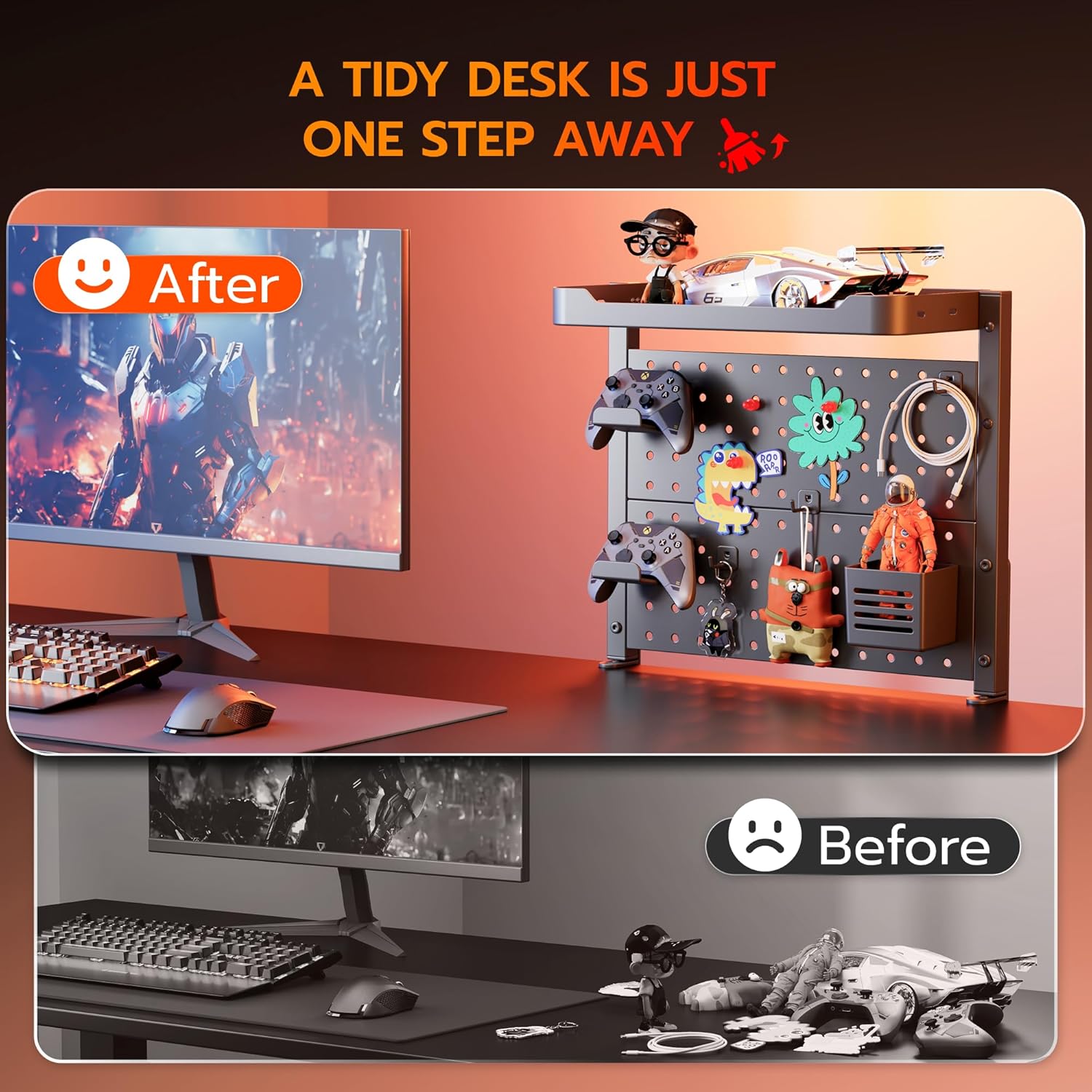 ARES WING Desk Clamp On Pegboard with 16 inches Organizer Shelf, Adjustable Above or Under Desk Storage Shelf Holds 44 lbs, Magnetic Metal Peg Board for Office and Gaming Accessories, Black