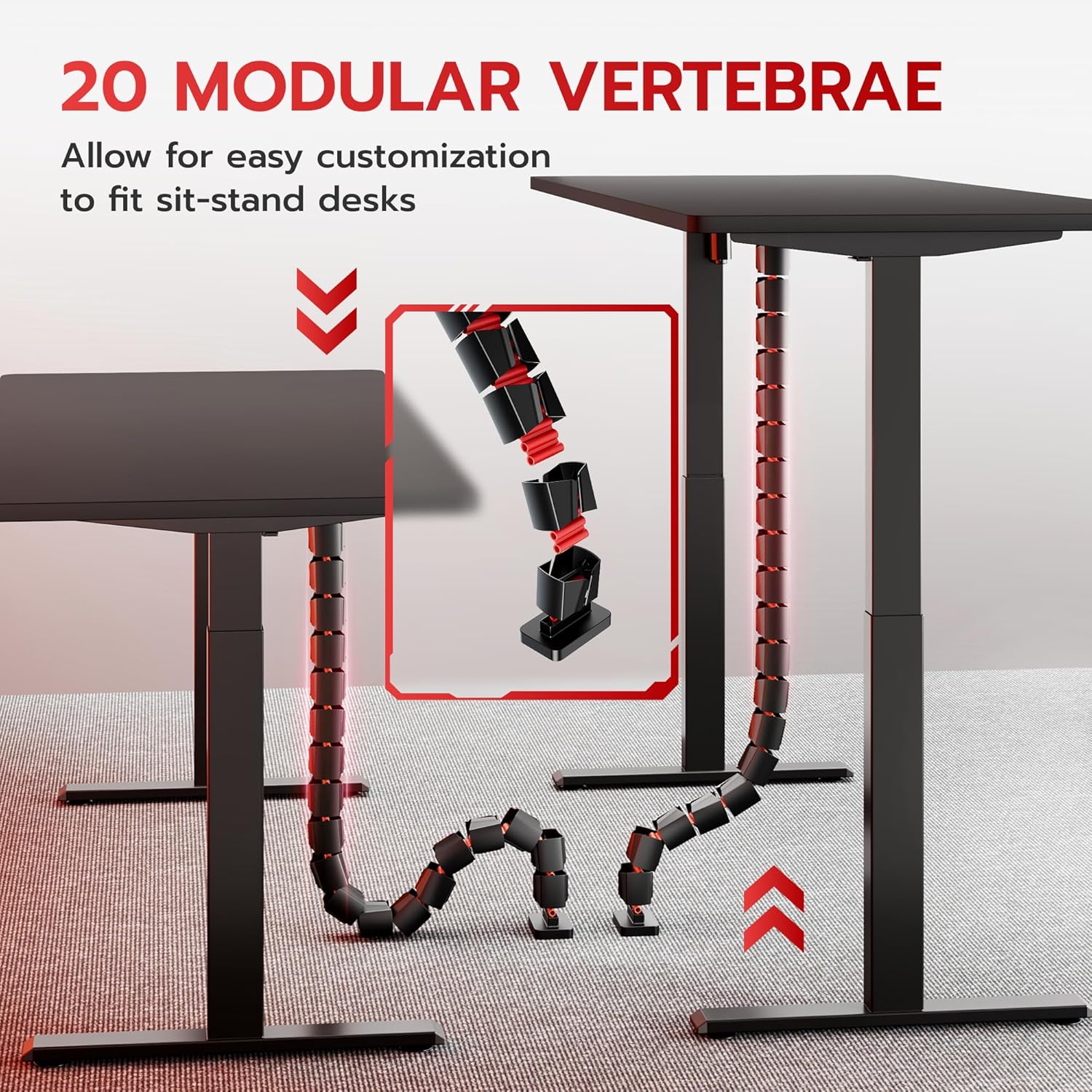 ARES WING Under Desk Cable Management Spine, Screw On Vertebrae Cable Management for Standing Desk, Length Adjustable Cord Organizer with 20 Modular Vertebrae for Office and Gaming Desks, Red