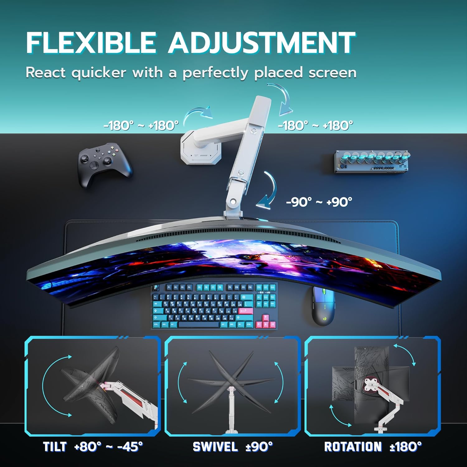 ARES WING Single Monitor Arm for 17-40 Inch Flat Curved Ultrawide Screens Up to 26.5lbs, Fully Adjustable Single Monitor Mount, C-Clamp & Grommet Base, 75/100 Vesa Mount, White