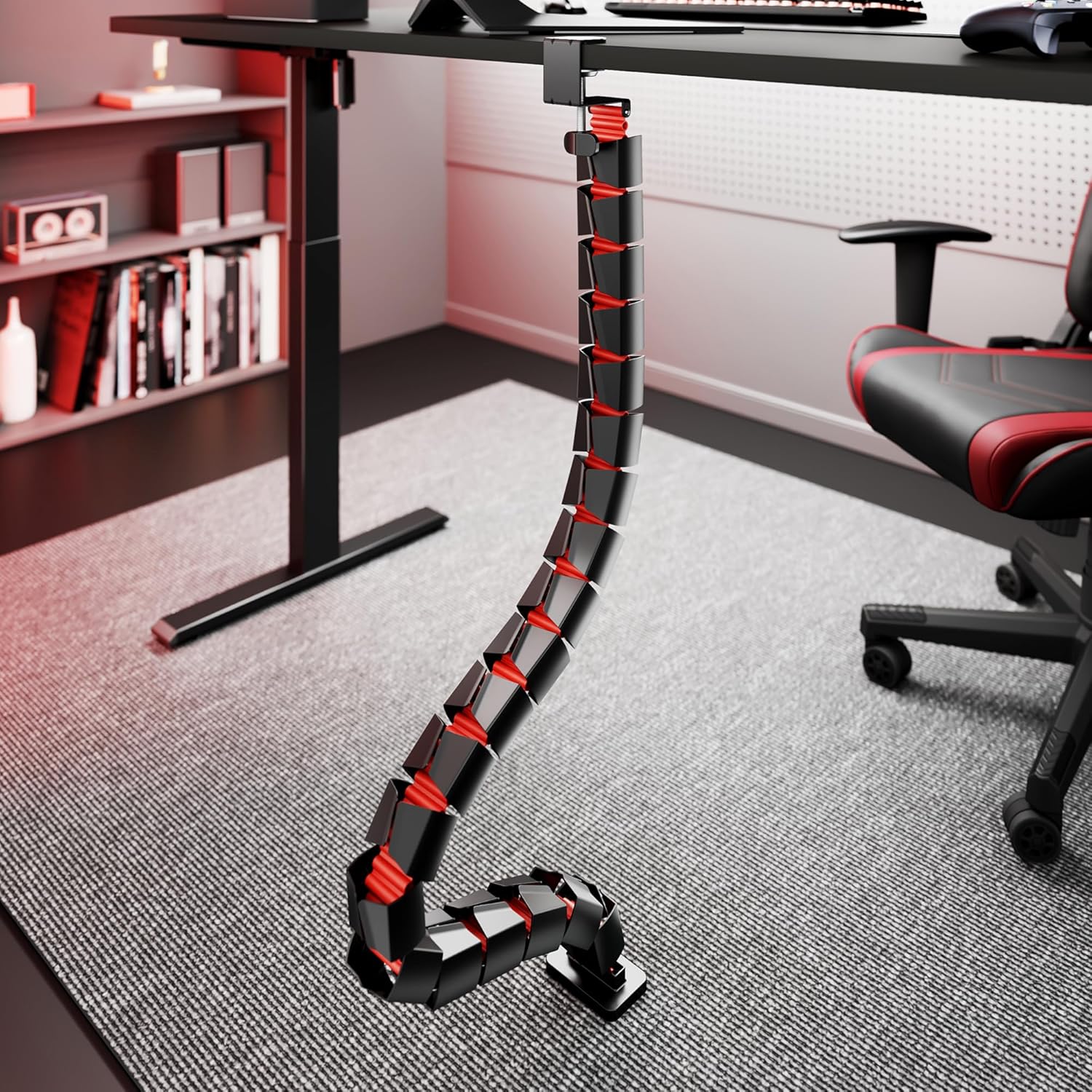 ARES WING Under Desk Cable Management Spine, Clamp On Vertebrae Cable Management for Standing Desk, Length Adjustable Cord Organizer with 20 Modular Vertebrae for Office and Gaming Desks, Red