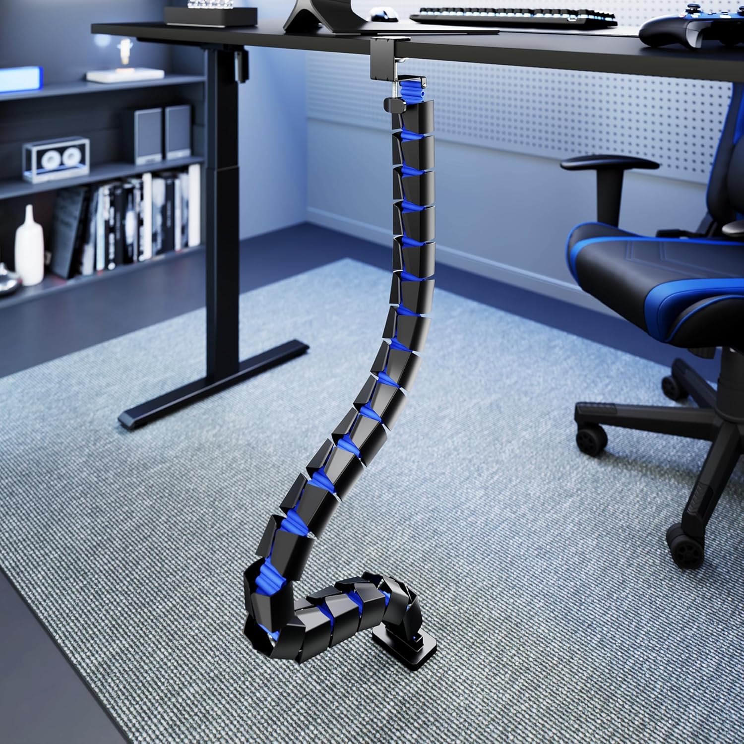 ARES WING Under Desk Cable Management Spine, Clamp On Vertebrae Cable Management for Standing Desk, Length Adjustable Cord Organizer with 20 Modular Vertebrae for Office and Gaming Desks, Blue