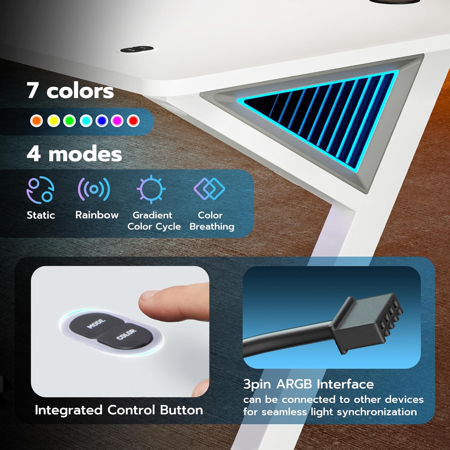ARES WING 47 Inch Gaming Desk, Ergonomic Computer Desk with LED Light and DIY Control Cable, Gaming Table Carbon Fiber Surface for Home and Office, White