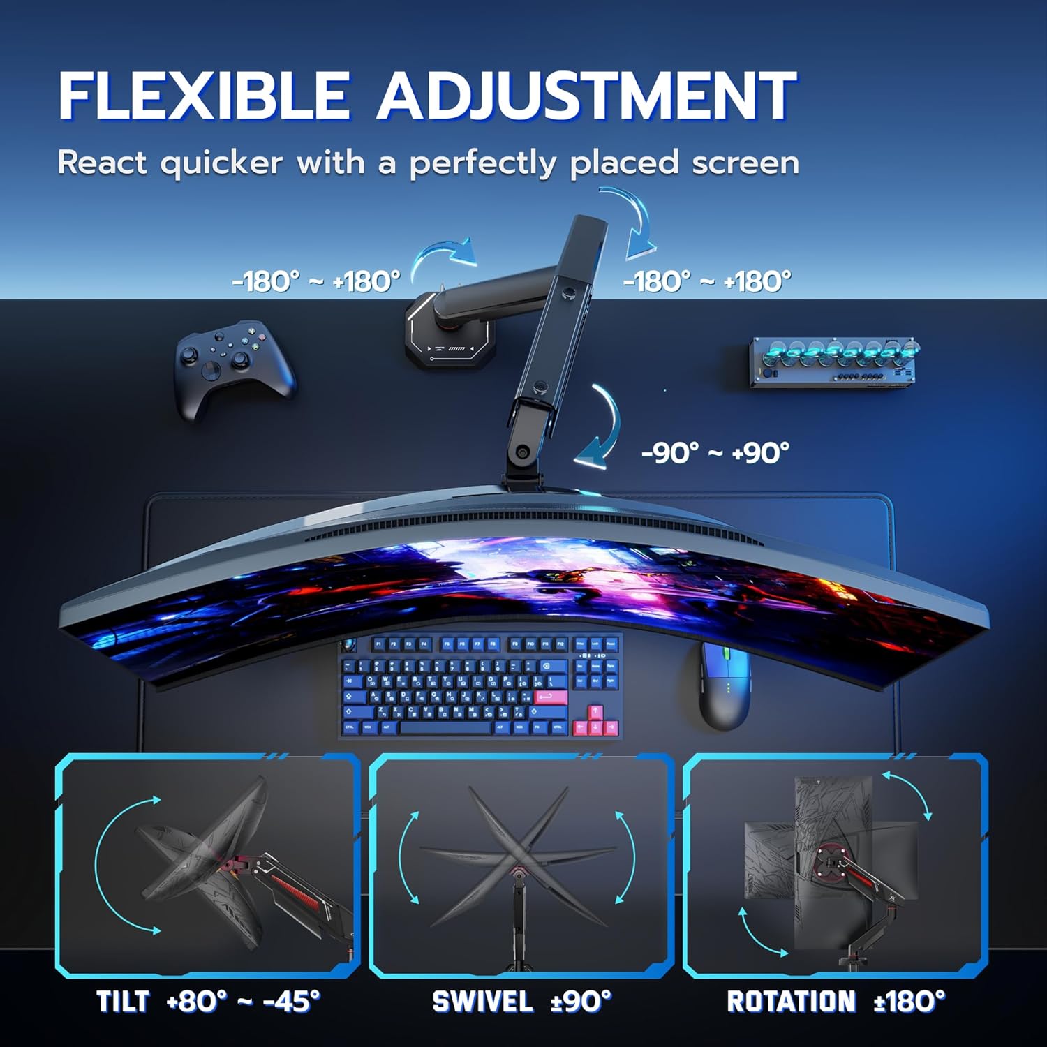 ARES WING Heavy Duty Single Monitor Arm, Fully Adjustable Single Monitor Mount for 17-40 Inch Flat Curved Ultrawide Screens Up to 26.5lbs with USB A/C, C-Clamp & Grommet Base, 75/100 Vesa Mount, Black