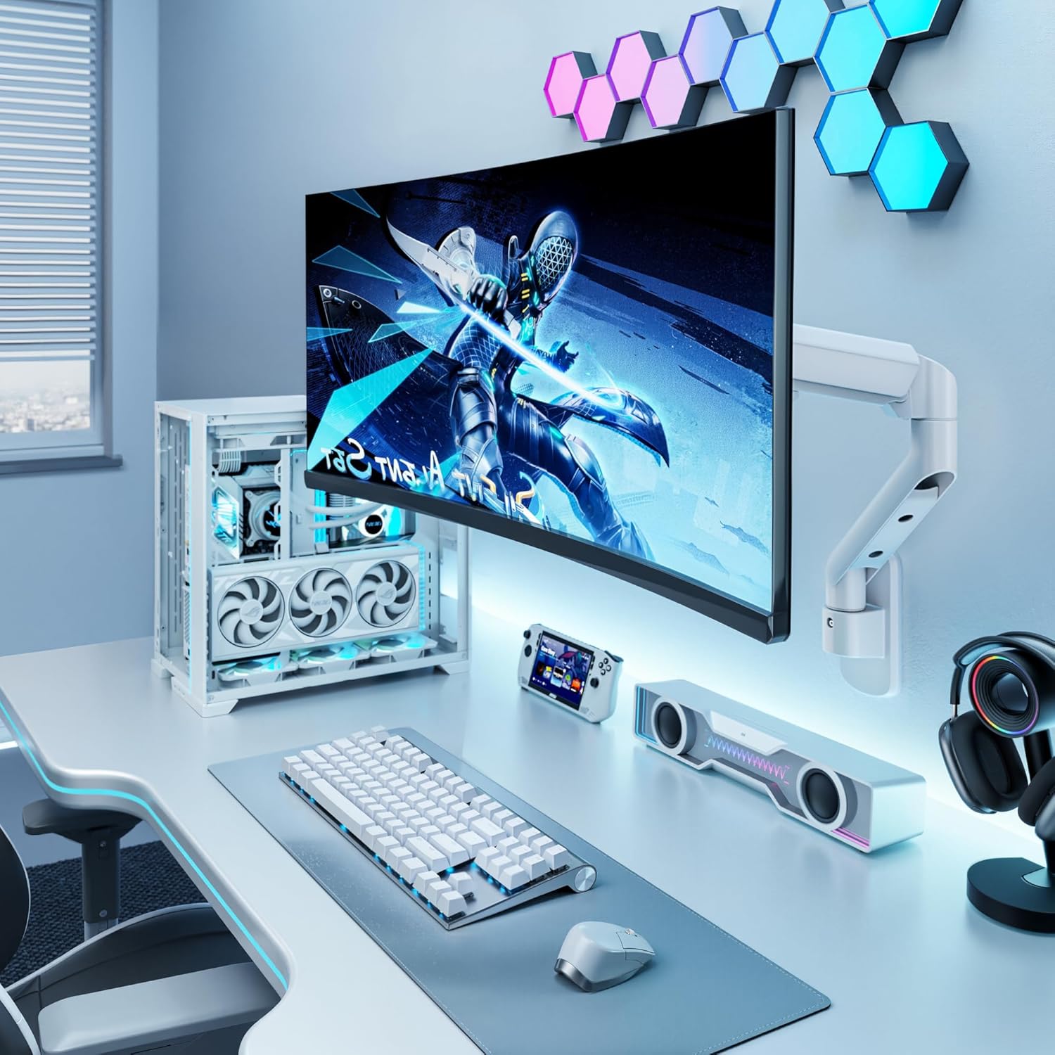 ARES WING Single Monitor Wall Mount for 17-40 Inch Ultrawide Screens, Heavy Duty Monitor Arm Up to 26.4 lbs, Fully Adjustable Wall Mount, VESA 75x75/100x100 Compatible, White