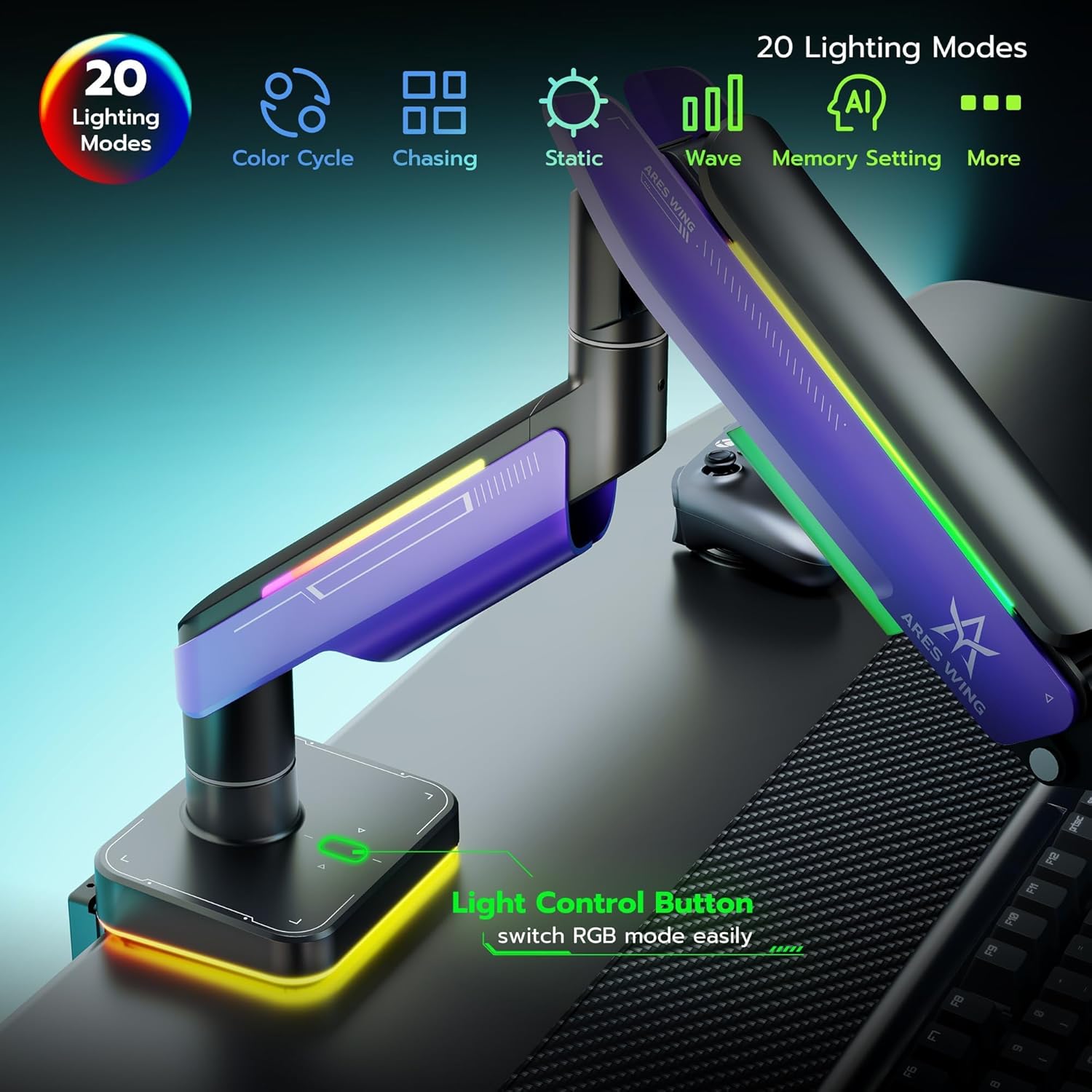 Ares Wing RGB Heavy Duty Monitor Arm for 17 to 49 Inch, up to 44 lbs, Ultrawide Curved Monitor Mount with Gas Spring for Desk, Purple, for Gaming