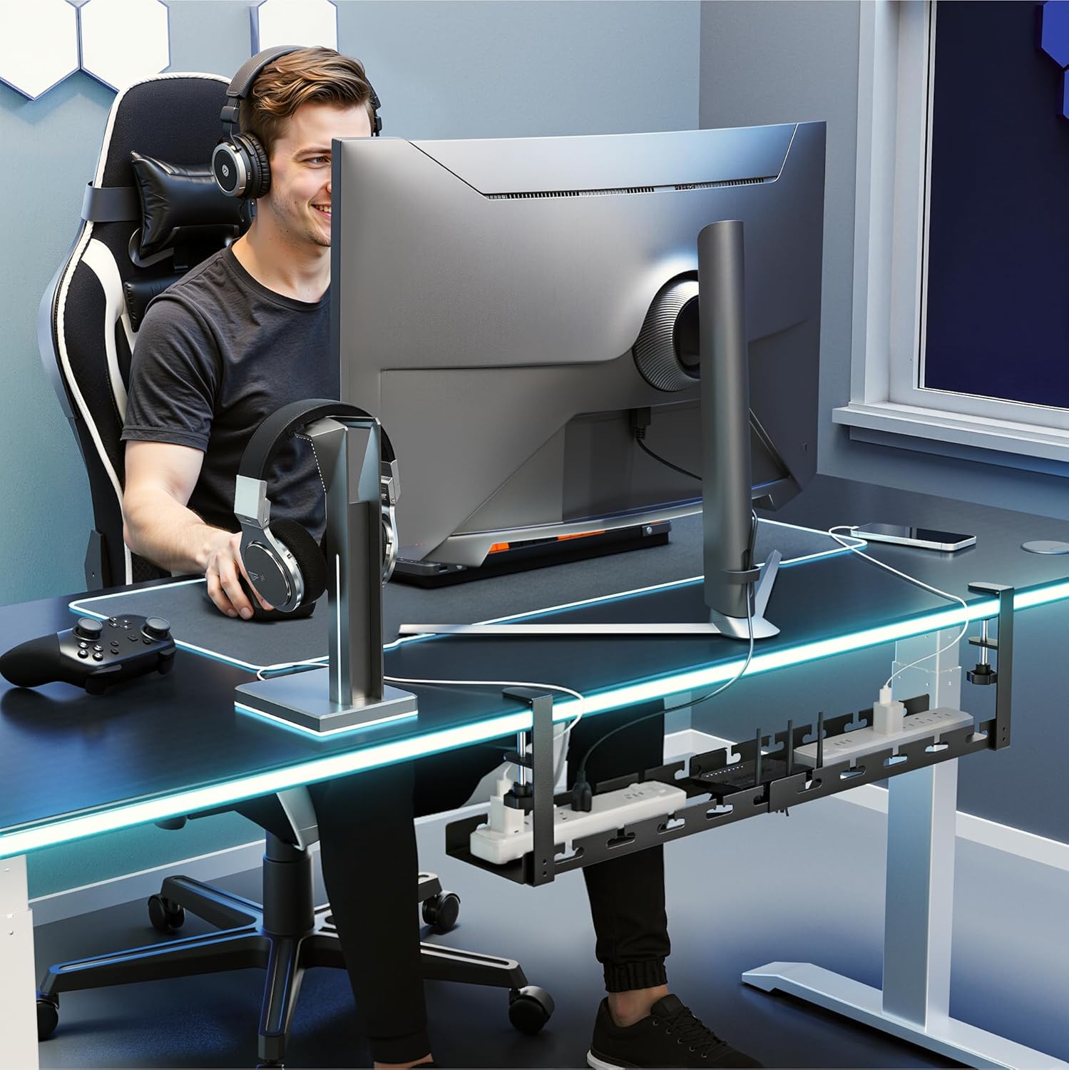 ARES WING 17"-28.7" Extendable Under Desk Cable Management Tray with Cable Slots, Clamp On Cord Organizer Holds Up to 11 lbs, Black Metal Under Desk Storage for Office and Gaming Accessories