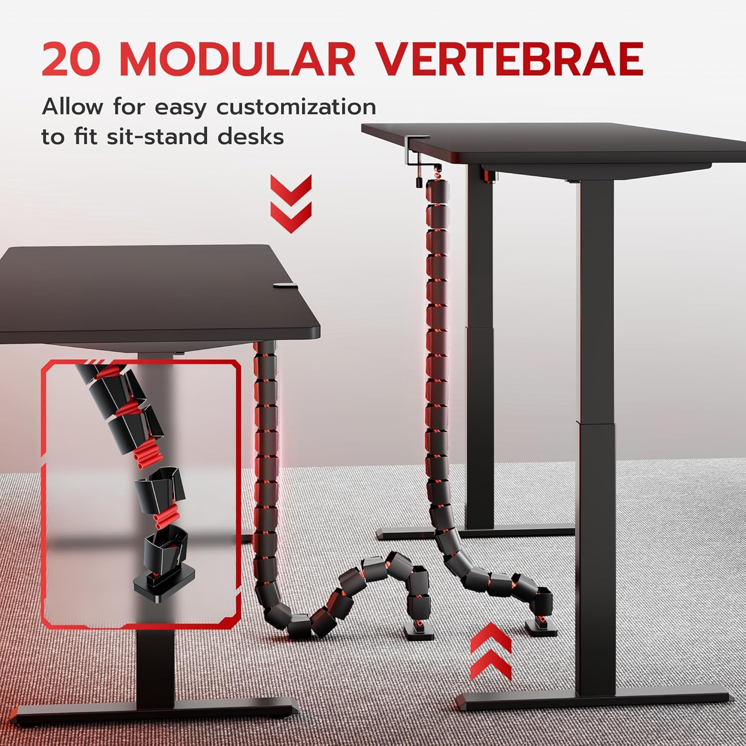 ARES WING Under Desk Cable Management Spine, Clamp On Vertebrae Cable Management for Standing Desk, Length Adjustable Cord Organizer with 20 Modular Vertebrae for Office and Gaming Desks, Red