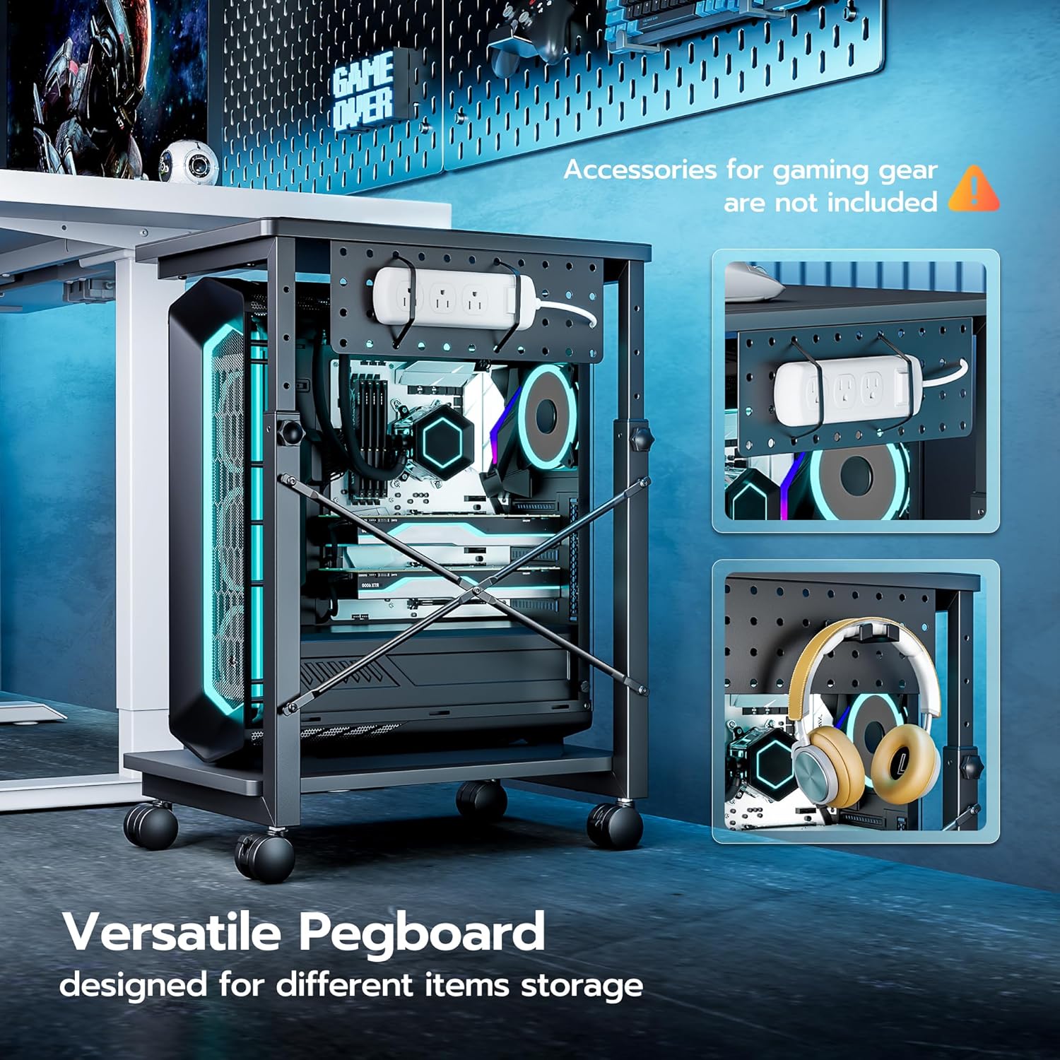 ARES WING Height Adjustable Computer Tower Stand, 2-Tier PC Tower Stand for Most PC, CPU Holder Cart with Locking Wheels for Gaming Home Office, 21.7