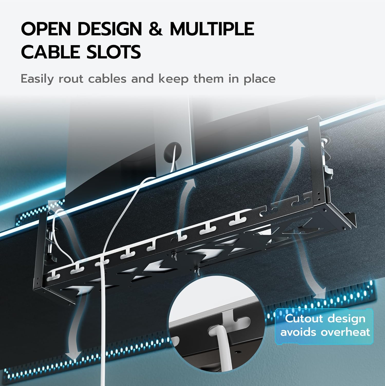 ARES WING 17"-28.7" Extendable Under Desk Cable Management Tray with Cable Slots, Clamp On Cord Organizer Holds Up to 11 lbs, Black Metal Under Desk Storage for Office and Gaming Accessories