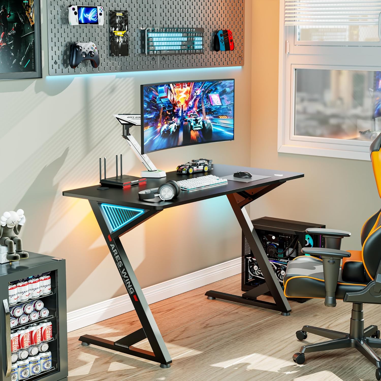 ARES WING 47 Inch Gaming Desk, Ergonomic Computer Desk with LED Light and DIY Control Cable, Gaming Table Carbon Fiber Surface for Home and Office, Black