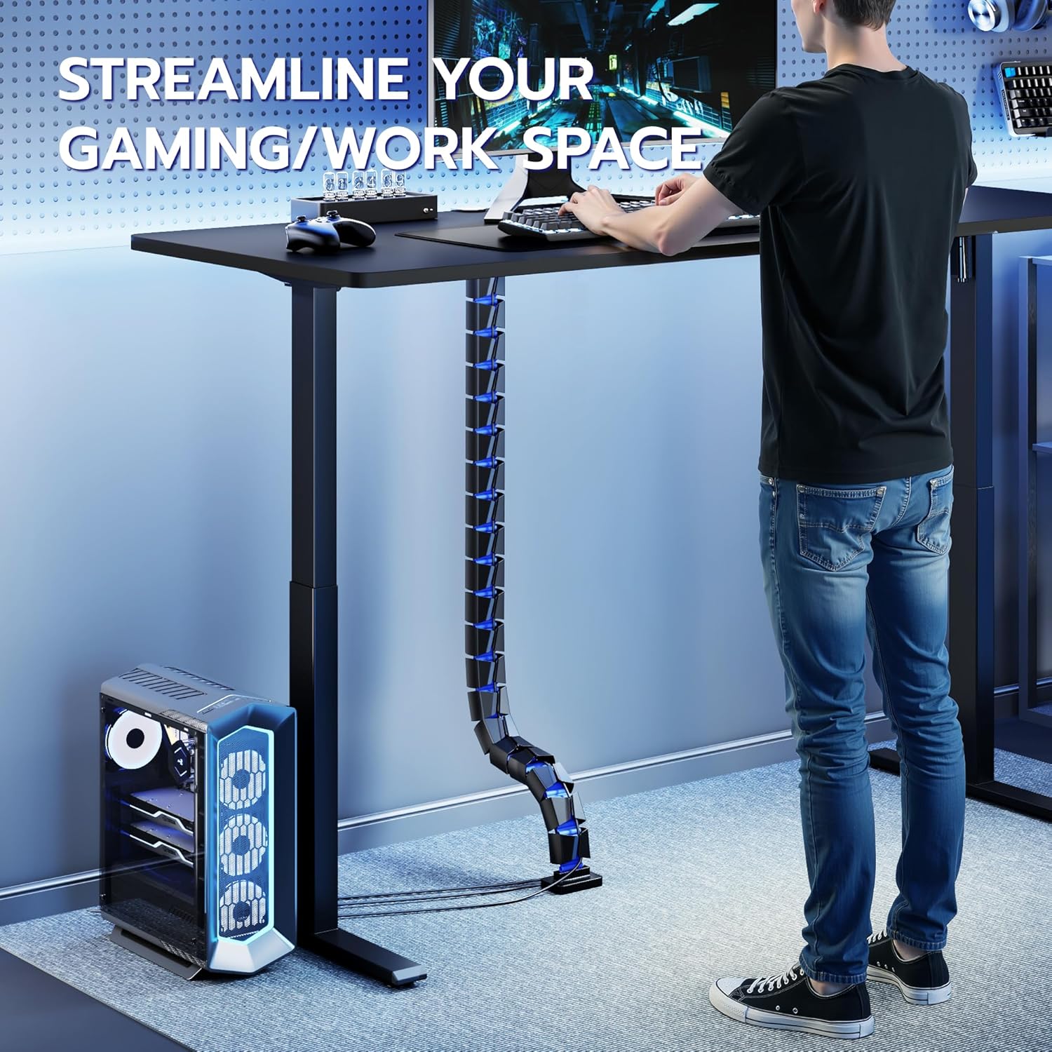 ARES WING Under Desk Cable Management Spine, Clamp On Vertebrae Cable Management for Standing Desk, Length Adjustable Cord Organizer with 20 Modular Vertebrae for Office and Gaming Desks, Blue