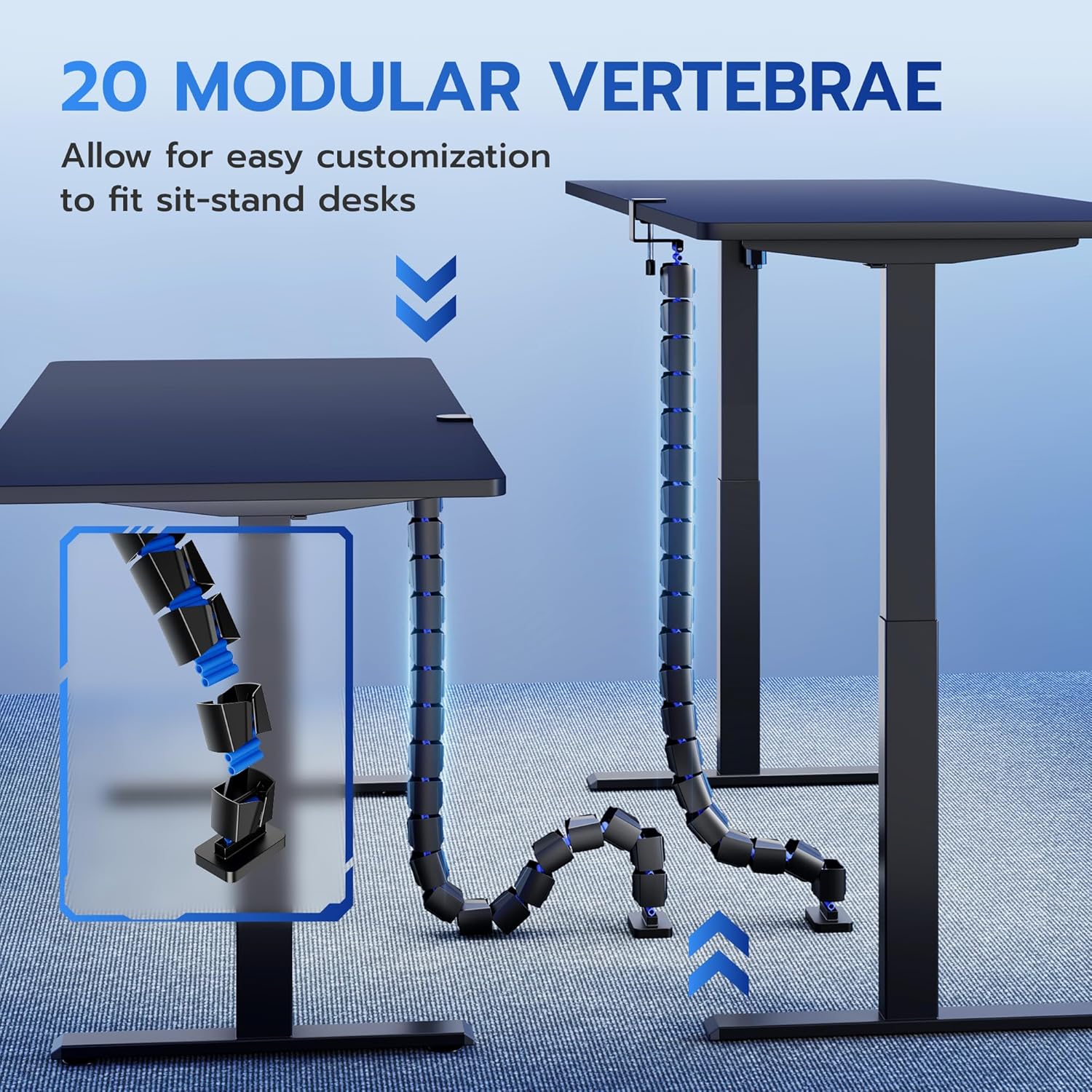 ARES WING Under Desk Cable Management Spine, Clamp On Vertebrae Cable Management for Standing Desk, Length Adjustable Cord Organizer with 20 Modular Vertebrae for Office and Gaming Desks, Blue