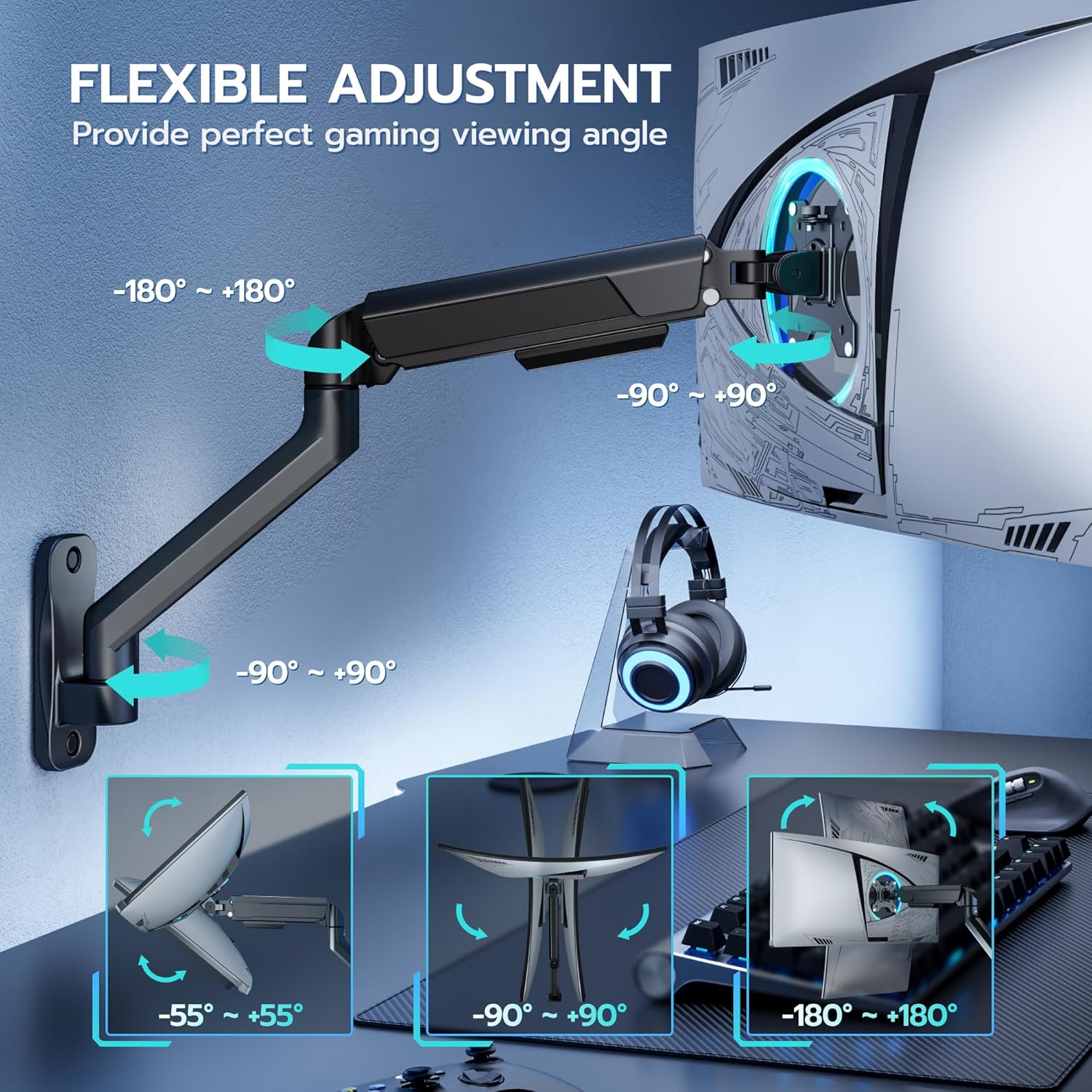 ARES WING Single Monitor Wall Mount for 17-40 Inch Ultrawide Screens, Heavy Duty Monitor Arm Up to 26.4 lbs, Fully Adjustable Wall Mount, VESA 75x75/100x100 Compatible, Black