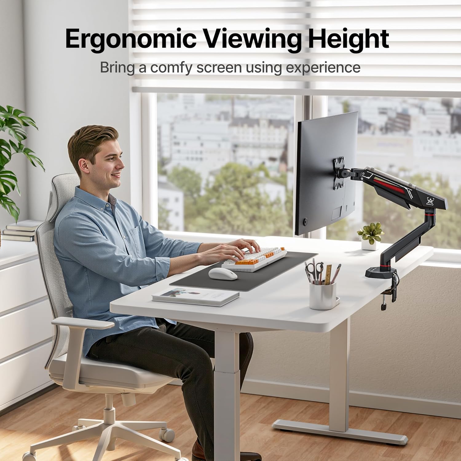 ARES WING Heavy Duty Single Monitor Arm, Fully Adjustable Single Monitor Mount for 17-40 Inch Flat Curved Ultrawide Screens Up to 26.5lbs with USB A/C, C-Clamp & Grommet Base, 75/100 Vesa Mount, Black