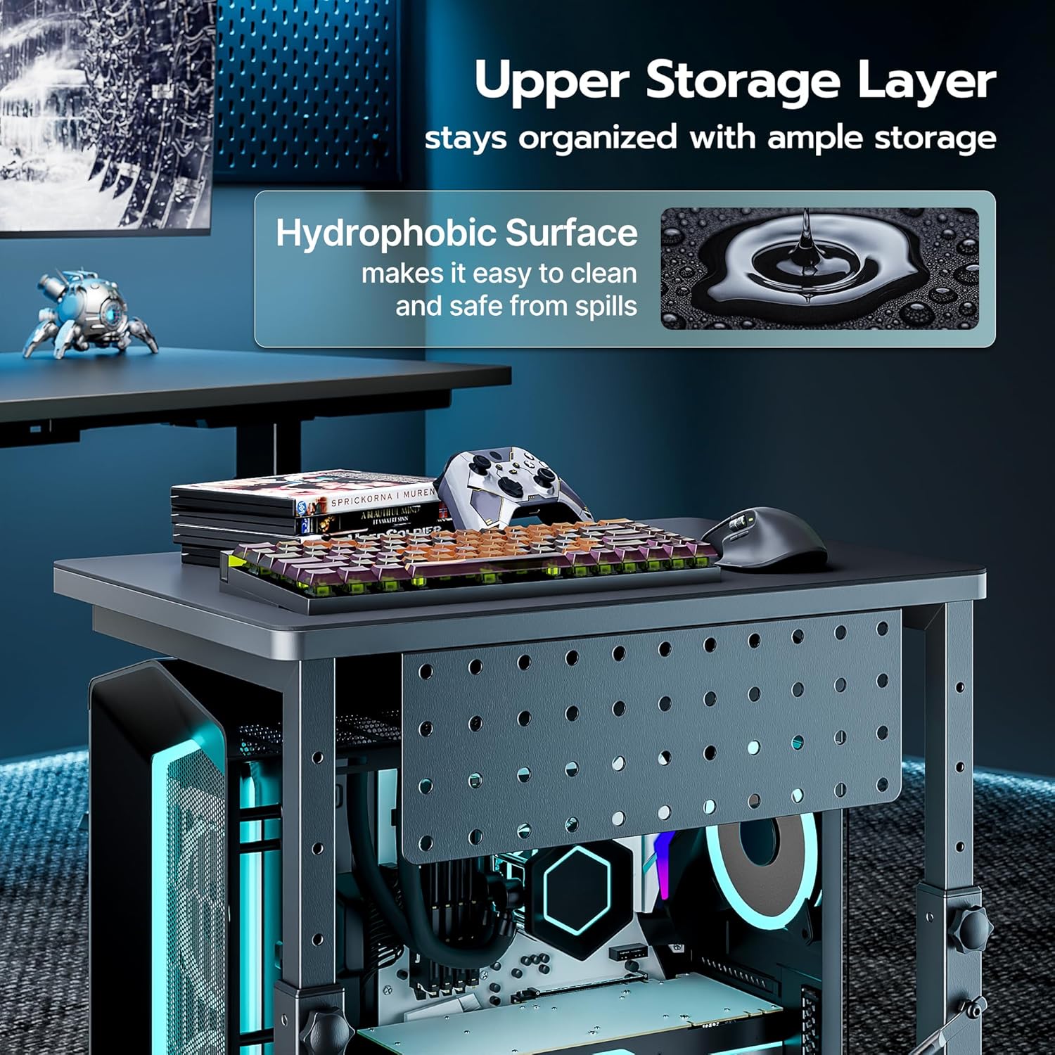 ARES WING Height Adjustable Computer Tower Stand, 2-Tier PC Tower Stand for Most PC, CPU Holder Cart with Locking Wheels for Gaming Home Office, 21.7