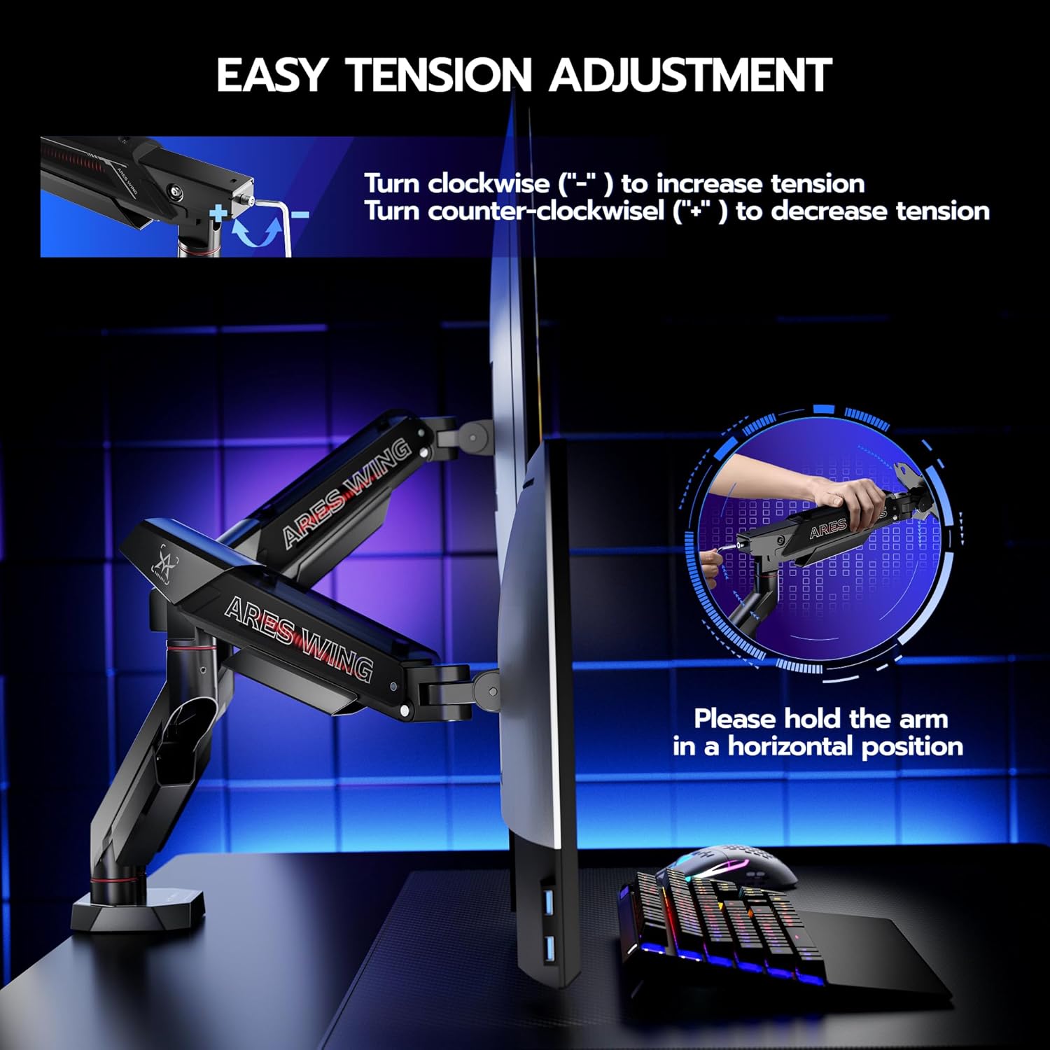 ARES WING Dual Monitor Arm for 17-35 Inch Flat Curved Ultrawide Screens Up to 26.5lbs, Fully Adjustable Dual Monitor Mount, C-Clamp & Grommet Base, 75/100 Vesa Mount, Black