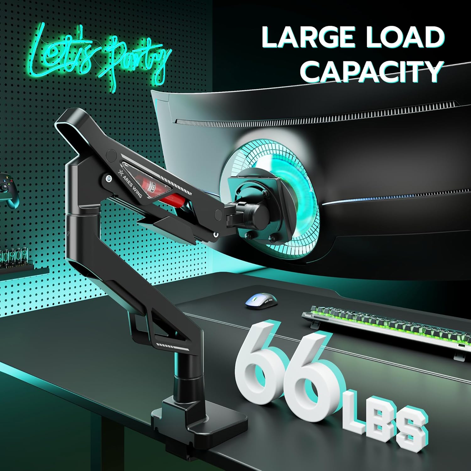 ARES WING Premium Monitor Arm, Ultrawide Monitor Stand up to 57” and 66 Lbs, Gas Sprinq Monitor Mount Height Adjustable and Extension Monitor Stand for Desk Various VESA Mount with Clamp/Grommet Base