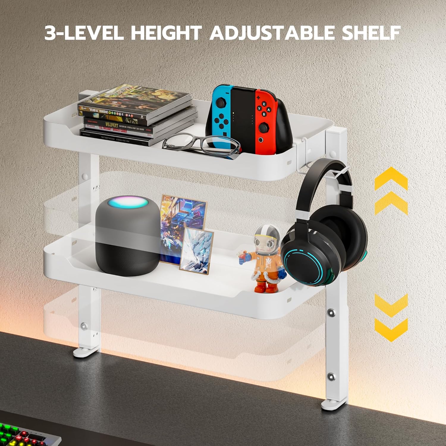 ARES WING 2-Tier Clamp On Desk Shelf, 16 inch Adjustable Above or Under Desk Storage Shelves Holds 44 lbs, Heavy Duty Desktop Organizer with Headphone Holder for Working and Gaming Accessories, White