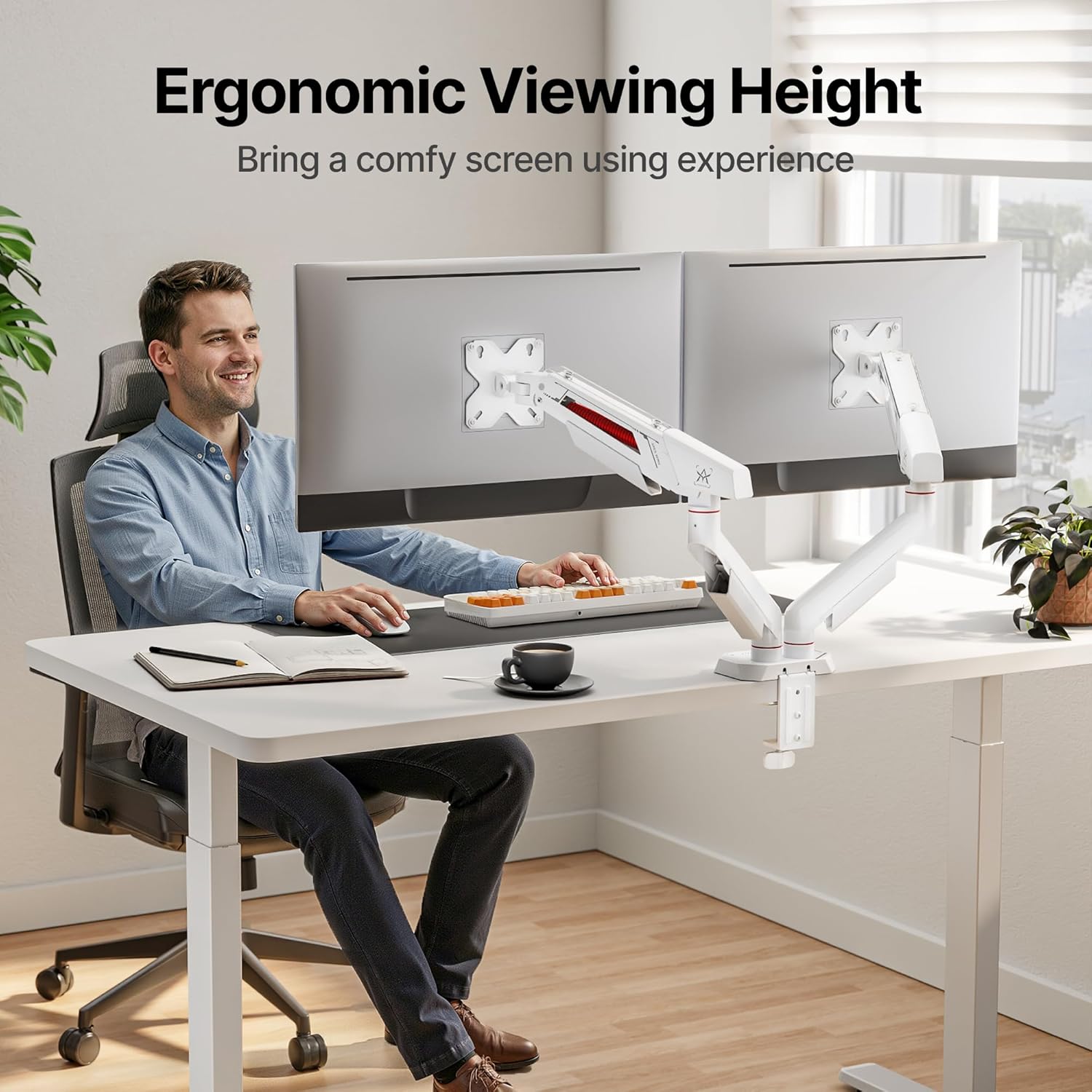 ARES WING Dual Monitor Arm for 17-35 Inch Flat Curved Ultrawide Screens Up to 26.5lbs, Fully Adjustable Dual Monitor Mount, C-Clamp & Grommet Base, 75/100 Vesa Mount, White