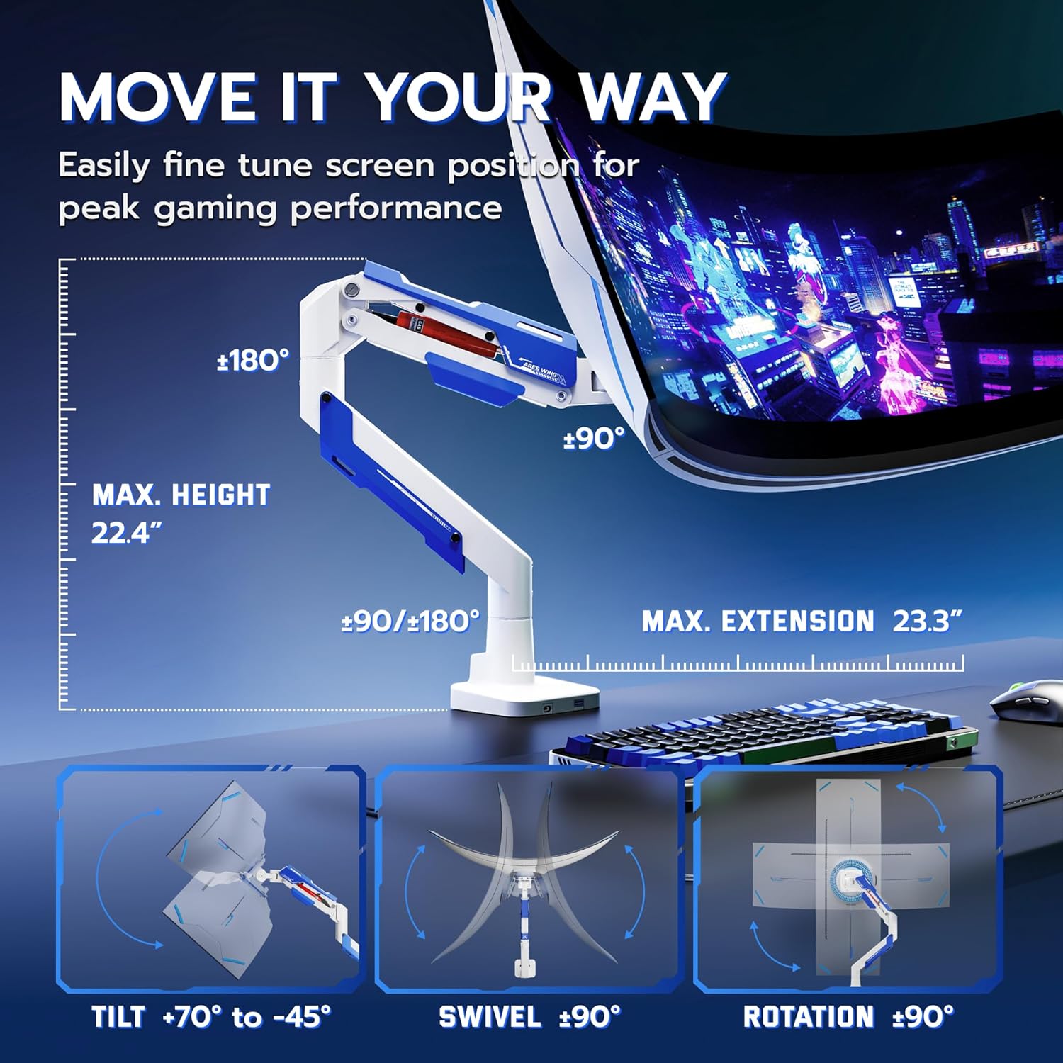 ARES WING Heavy Duty Ultrawide Monitor Arm - Gas Spring Aluminum Monitor Mount with USB for 24"-57" Curved Screens up to 66 lbs with Clamp/Grommet Desk Mount, 75/100/200 Vesa Mount, White