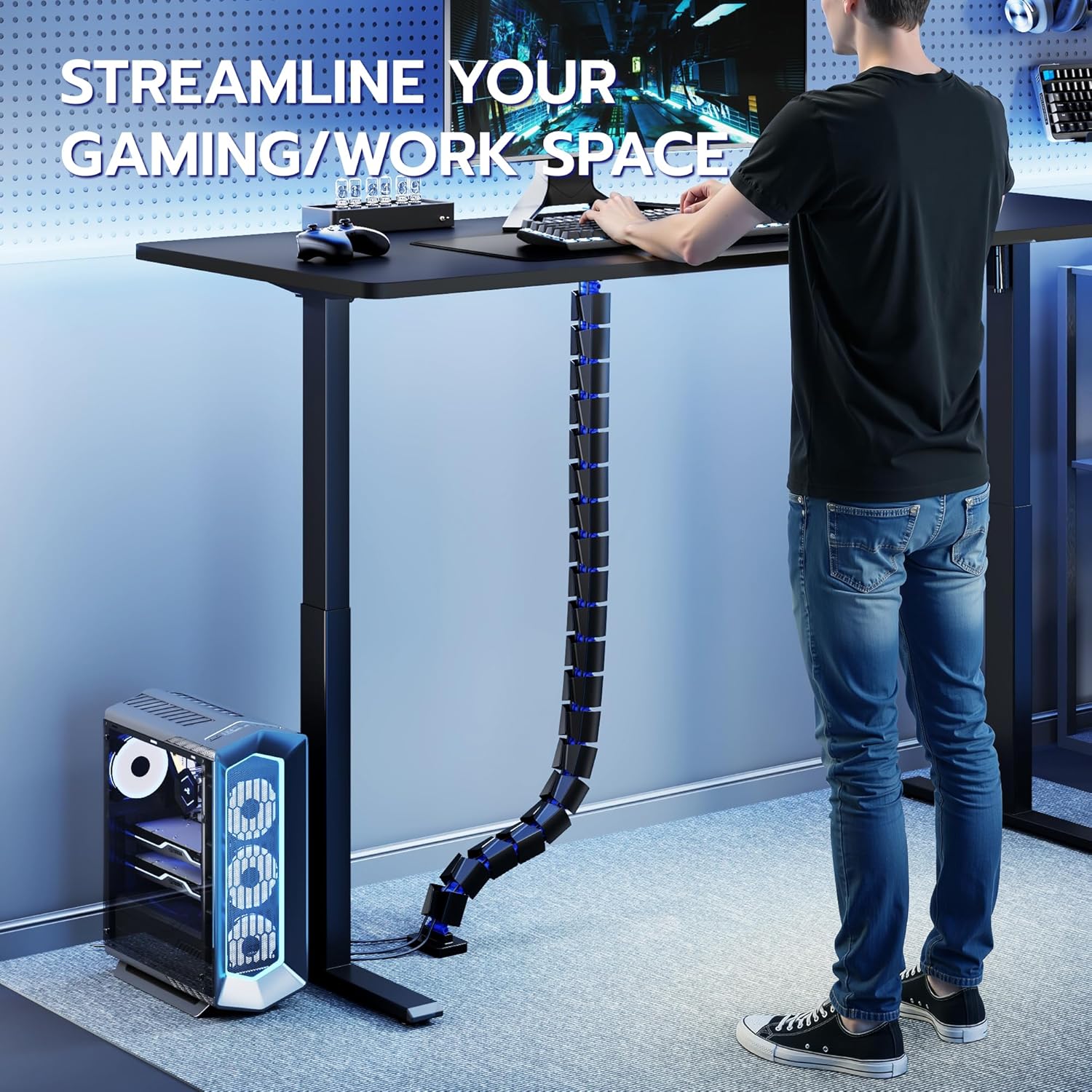 ARES WING Under Desk Cable Management Spine, Screw On Vertebrae Cable Management for Standing Desk, Length Adjustable Cord Organizer with 20 Modular Vertebrae for Office and Gaming Desks, Blue