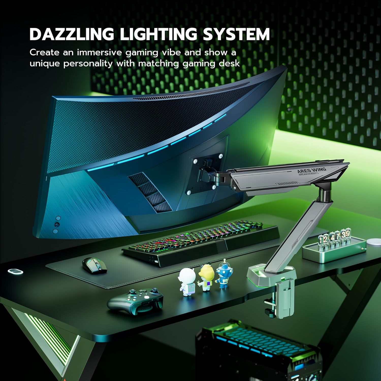 ARES WING RGB Single Monitor Arm Desk Mount for 17-45 inches Flat and Curved Monitors, Holds 35.2 lbs Heavy Duty, Adjustable Ultrawide Monitor Arm with Clamp & Grommet Base, 75/100 VESA Mount, Gray