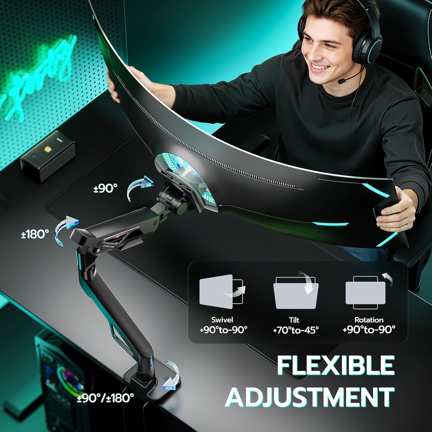 ARES WING Premium Monitor Arm, Ultrawide Monitor Stand up to 57“ and 66 Lbs, Gas Sprinq Monitor Mount with USB, Height Adjustable Arms Monitor Stand, Various VESA Mount with Clamp/Grommet Base
