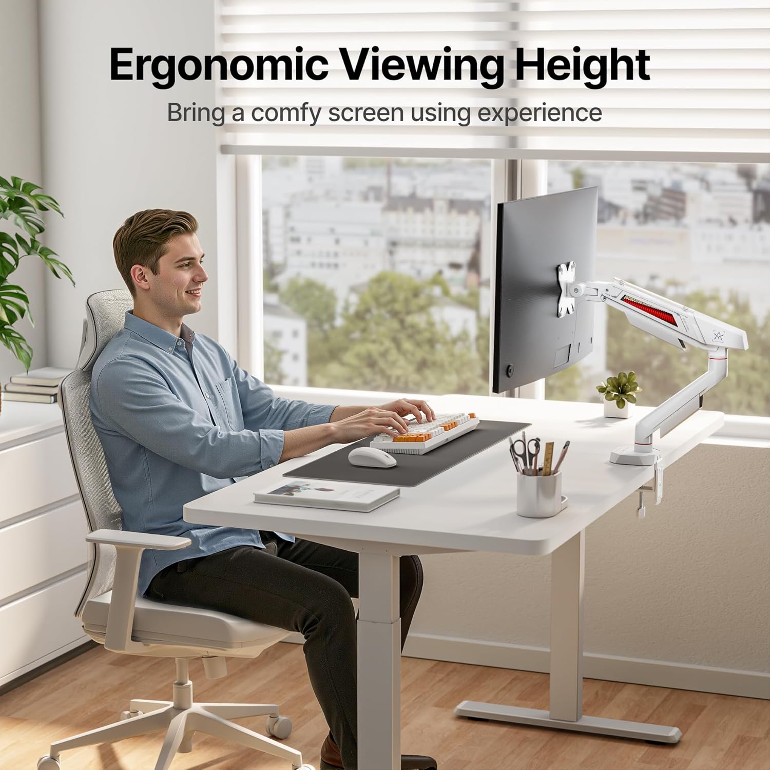 ARES WING Heavy Duty Single Monitor Arm, Fully Adjustable Single Monitor Mount for 17-40 Inch Flat Curved Ultrawide Screens Up to 26.5lbs with USB A/C, C-Clamp & Grommet Base, 75/100 Vesa Mount, White